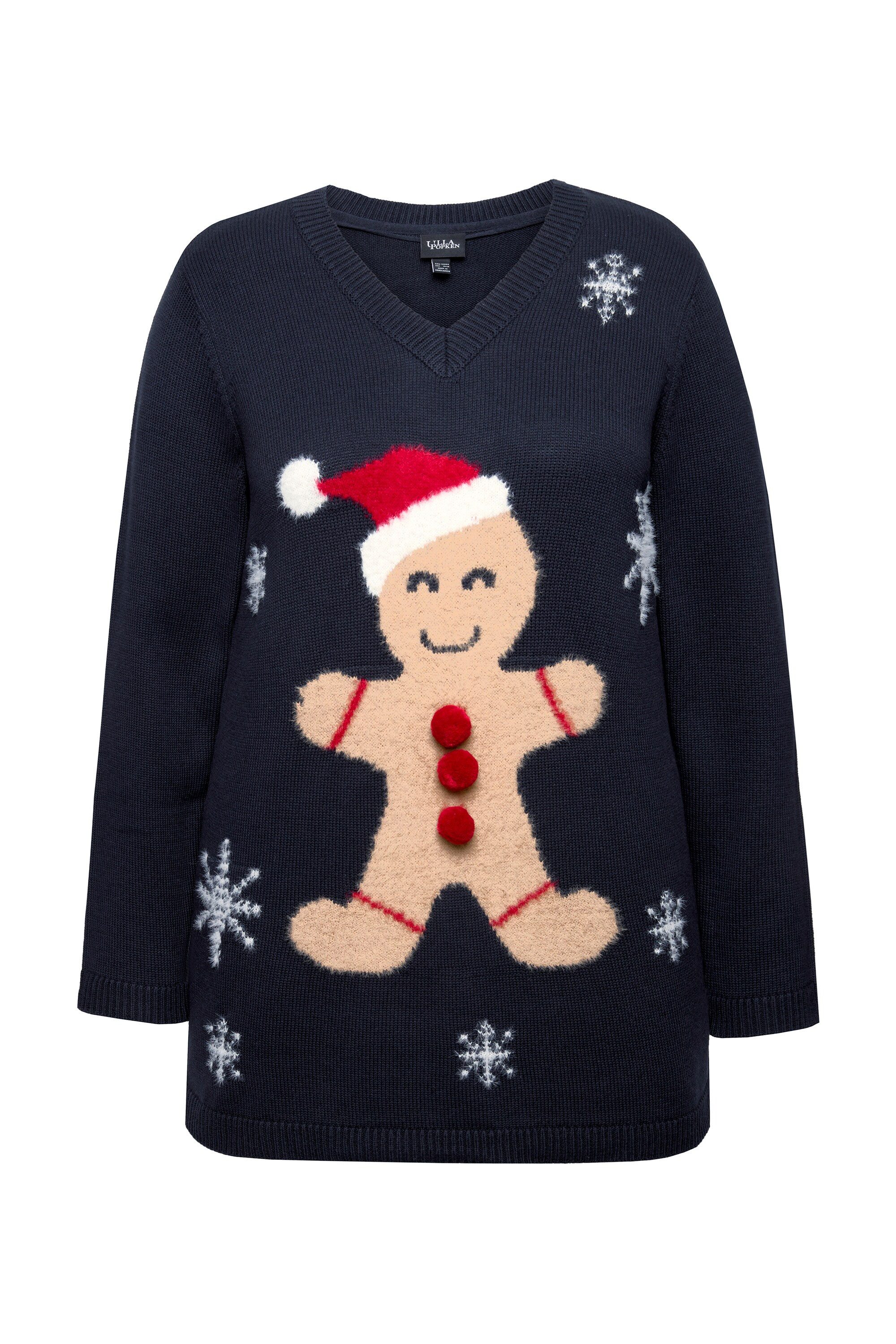 Ulla Popken Strickpullover Weihnachts-Pullover Lebkuchenmann V-Ausschnitt