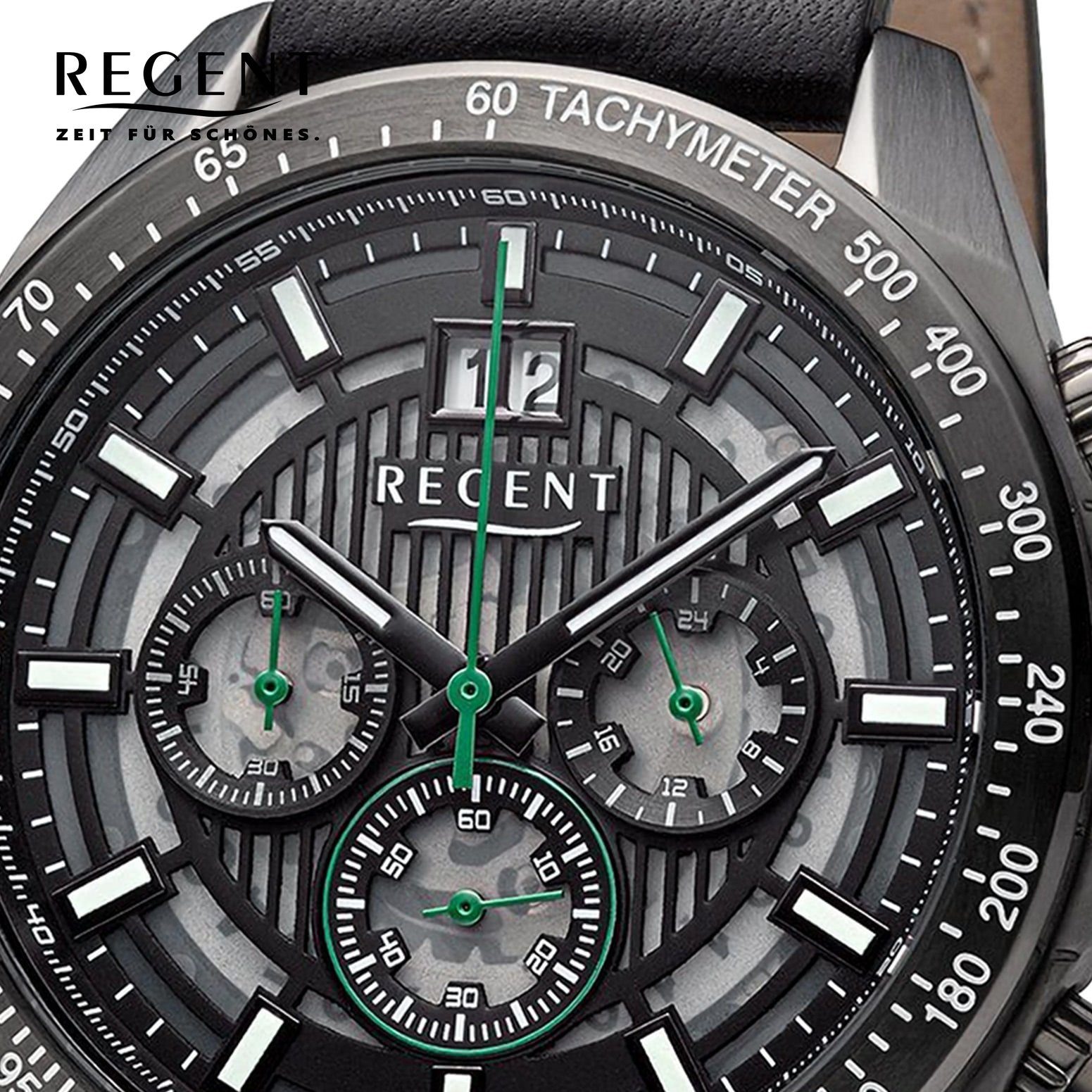 46mm), grün schwarz Regent extra rund, IPB Lederarmband Armbanduhr (ca. Regent Herren Quarzuhr Analog, Herren groß Armbanduhr