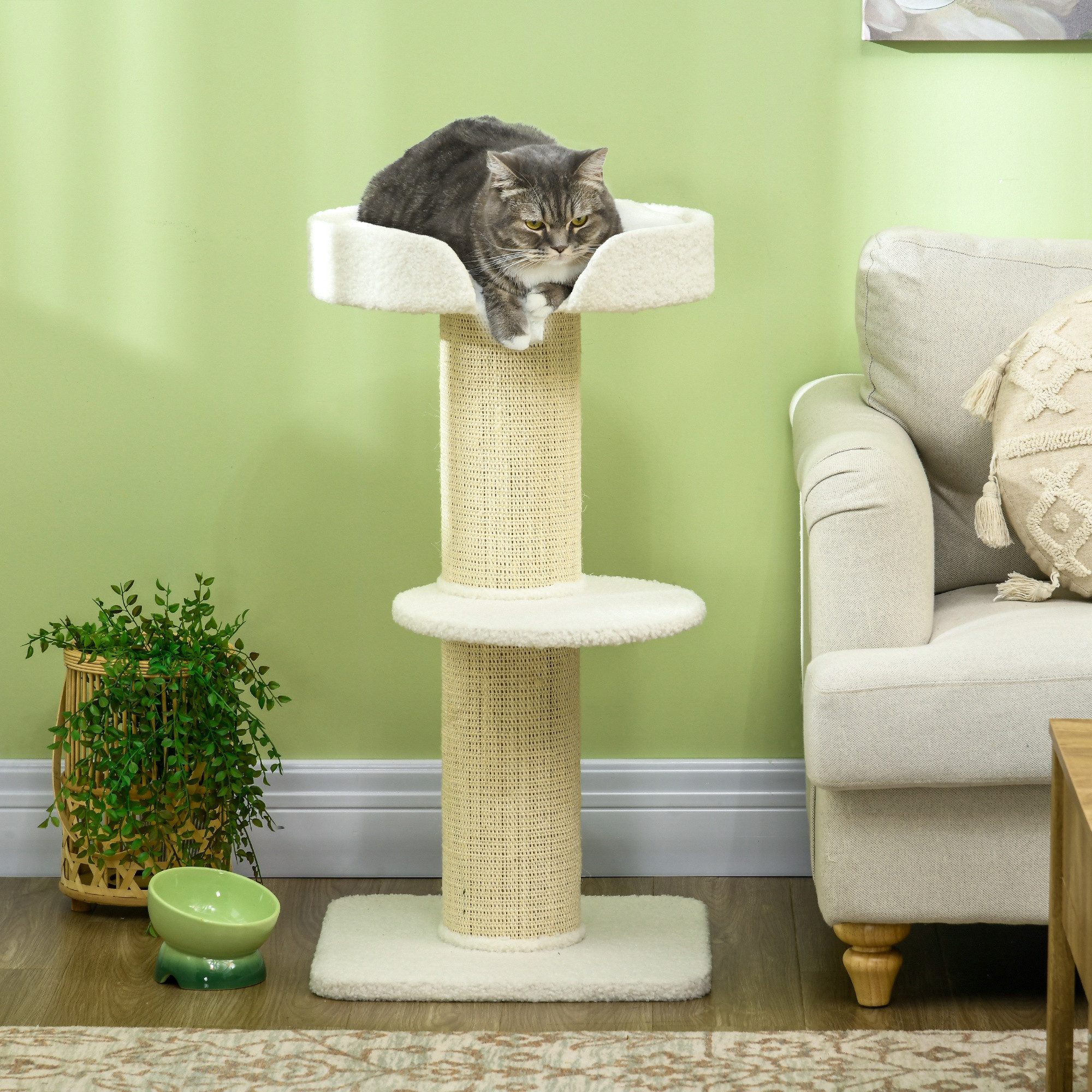 PawHut Kratzbaum Katzenturm mit Sisalstämme, Kissen, Kletterbaum, für Katzen bis 5 kg Sisal Lammwolle Cremeweiß