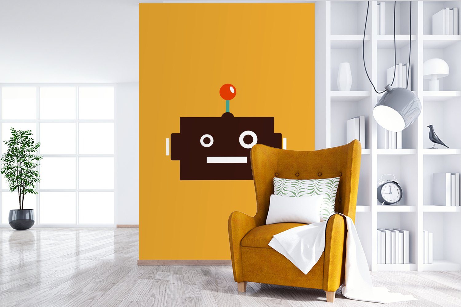 Wandtapete - - St), - (3 - Matt, Fototapete Roboter Wohnzimmer, Montagefertig bedruckt, MuchoWow Gelb Kind, Tapete für Gesicht Vinyl - Jungen Antenne