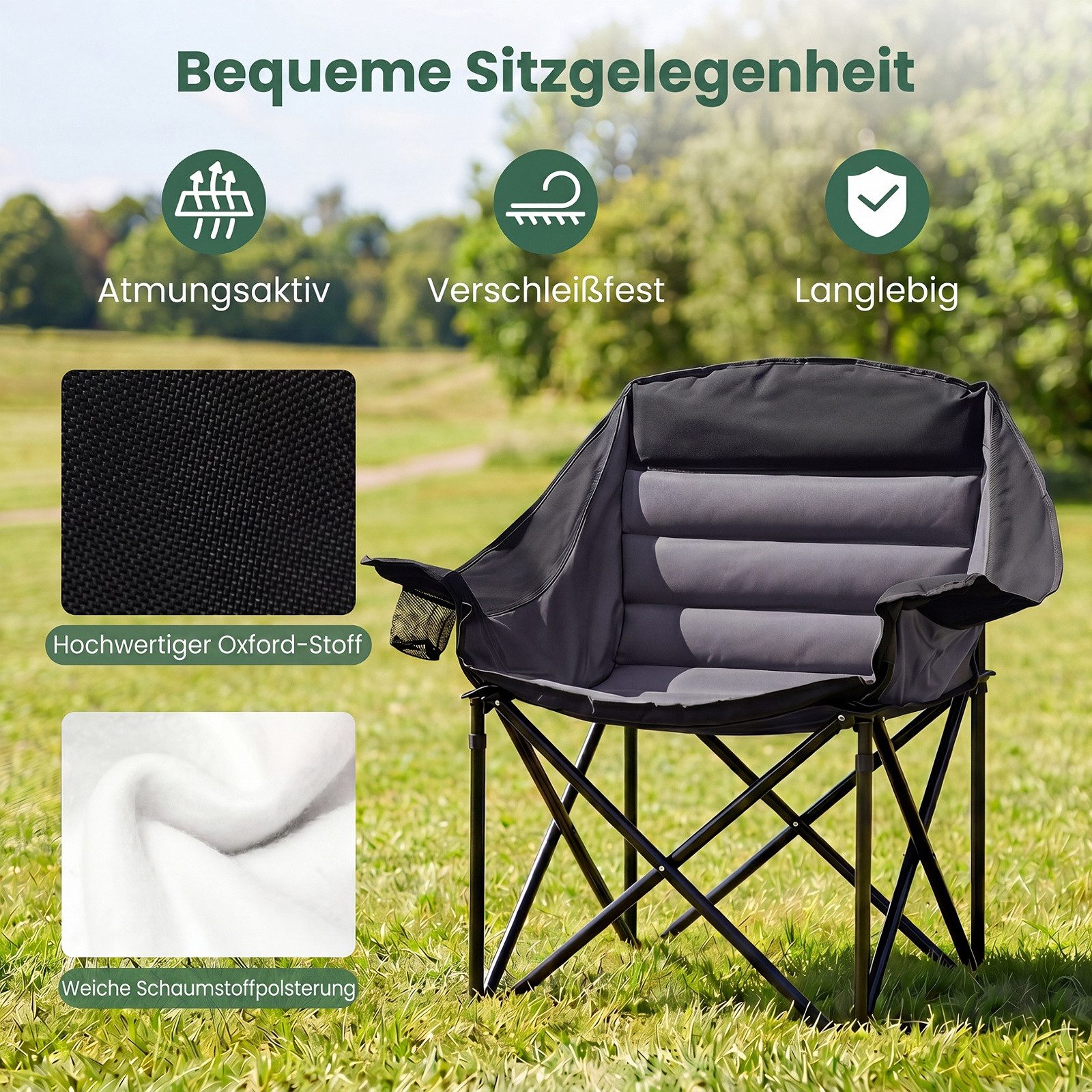 COSTWAY Campingstuhl, Mit Sitzpolster, Getränkehalter & Aufbewahrungstasche