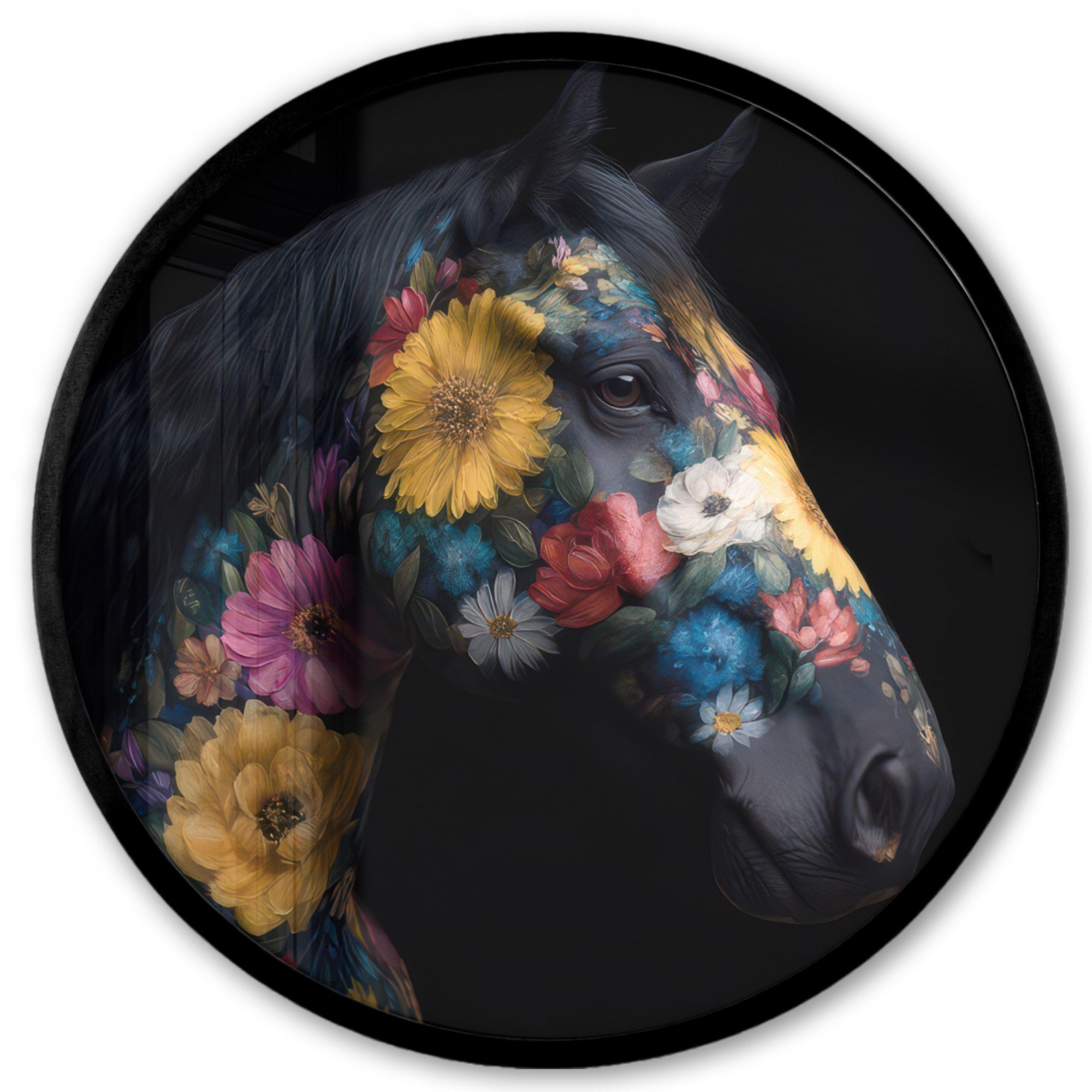 Poster Rund - Pferd - Blumen - Schwarz
