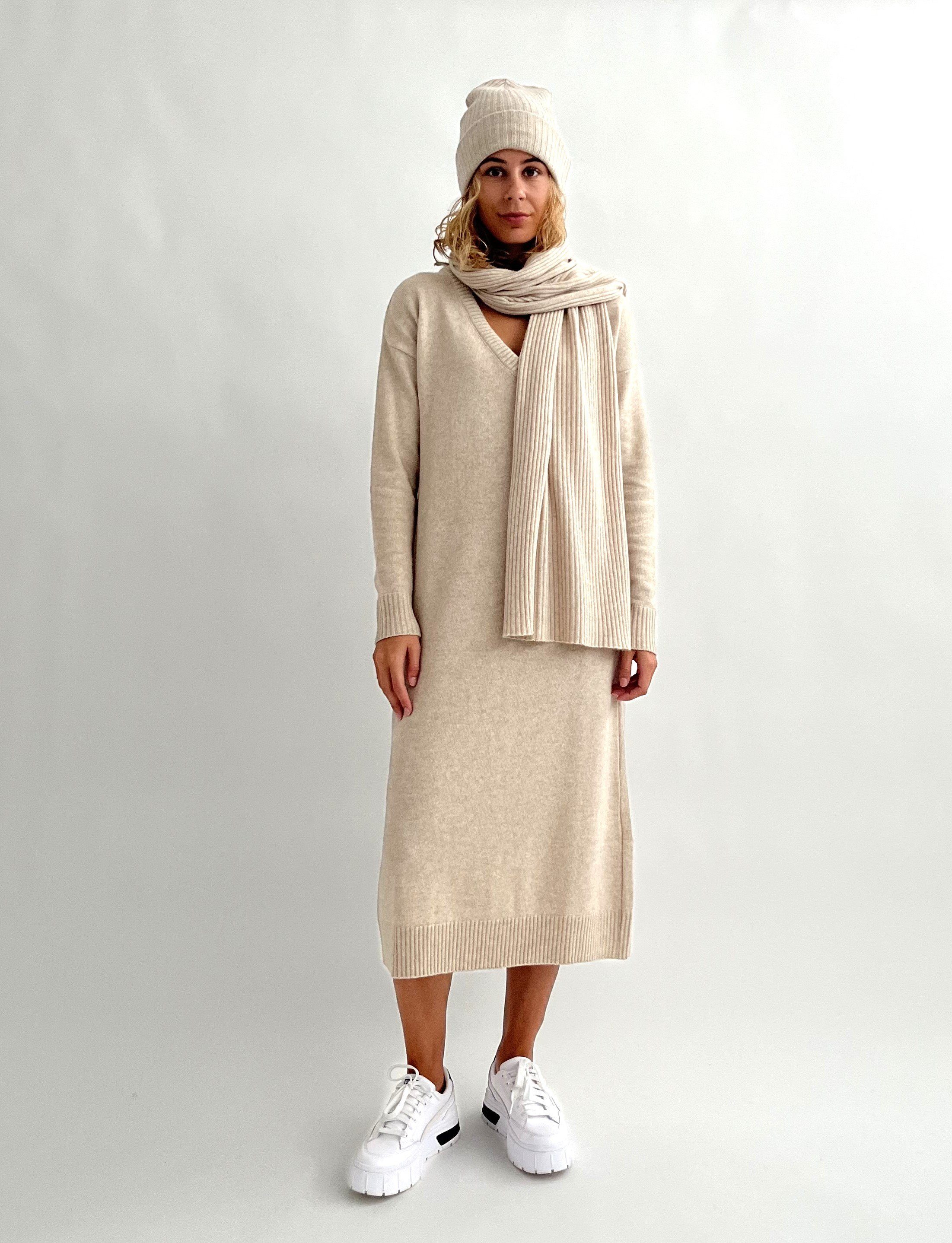 mit Cashmere Viskose Strickmütze Umschlag aus mit Zuckerwatte meliert beige Merinowolle und