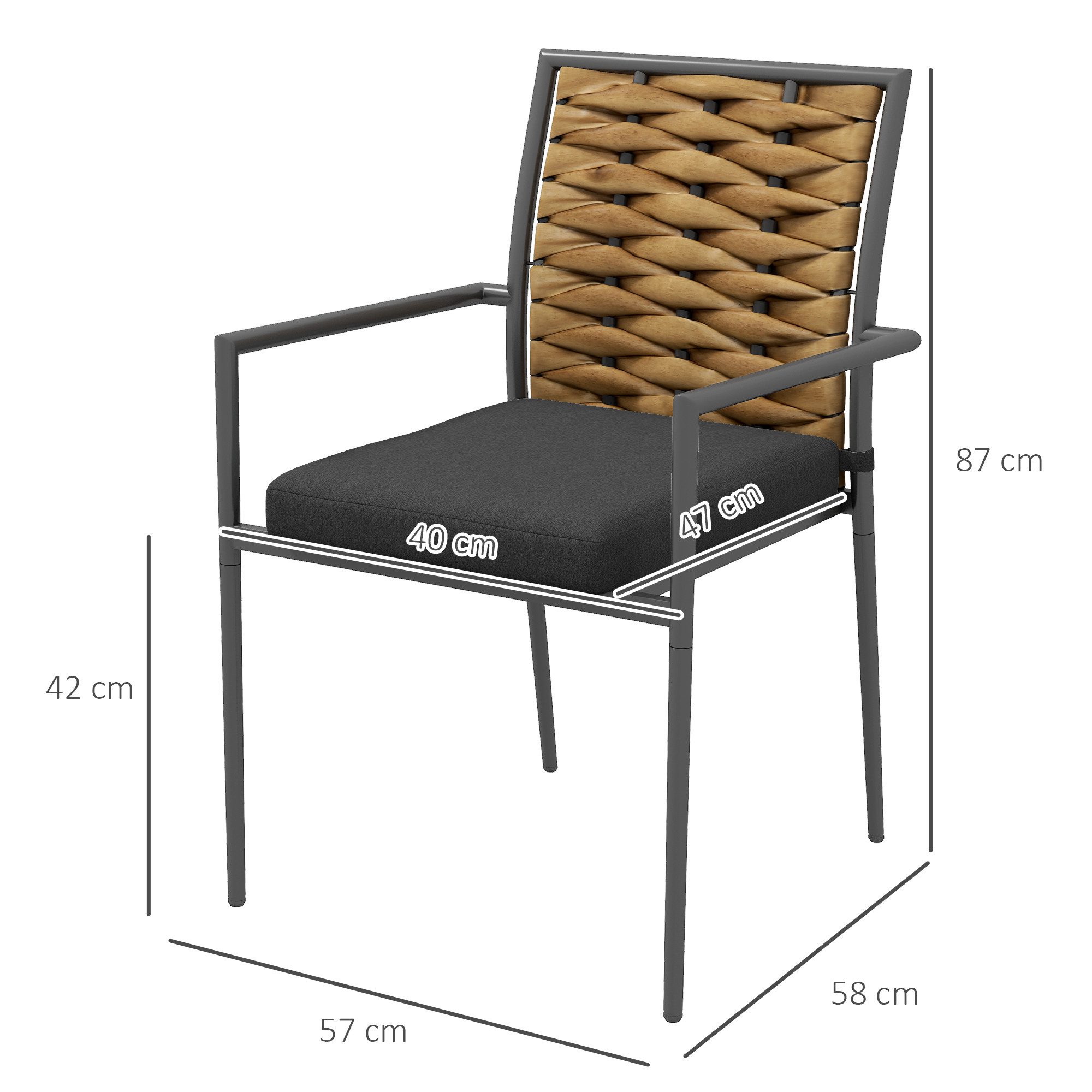 Outsunny Sitzgruppe 2er-Set Rattan Gartenstuhl Stapelbarer Gartensessel mit Kissen, (Gartenstuhl, 2-tlg., Balkonstuhl), für Terrasse, Stahl, 57 x 58 x 87 cm, Mehrfarbig