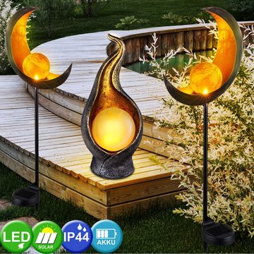 etc-shop Gartenleuchte, LED-Leuchtmittel fest verbaut, 3er Set LED Solar Außen Lampen Steck Mond Steh Flamme gold bronze