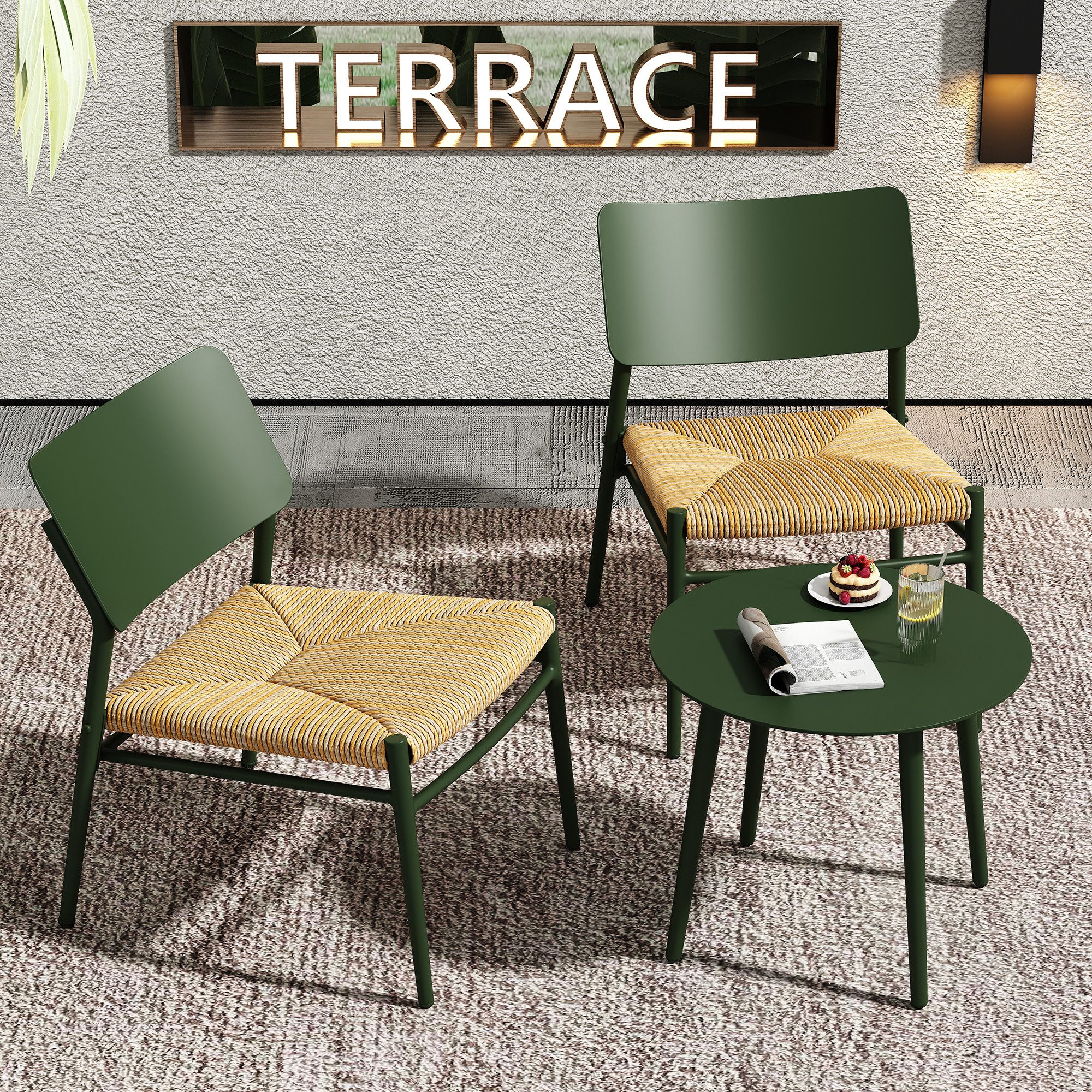 Sitzgruppe, (3-tlg., Gartenmöbel-Set mit Couchtisch und 2 Stühlen), Sitzgarnitur aus Aluminium, Sitze aus Polyrattan, für Balkon Terrasse