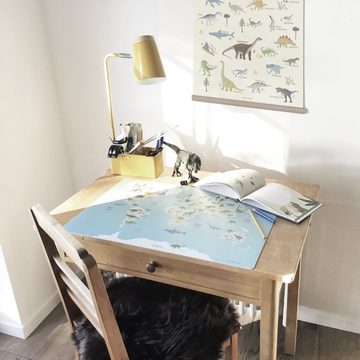 cover-your-desk.de Schreibtischunterlage Schreibtischunterlage für Kinder und Erwachsene – “Dinosaurier Weltkarte“ – aus erstklassigem, strapazierfähigem Vinyl (Kunststoff -BPA frei) – 60 x 40 cm – Made in Germany, (1 tlg)