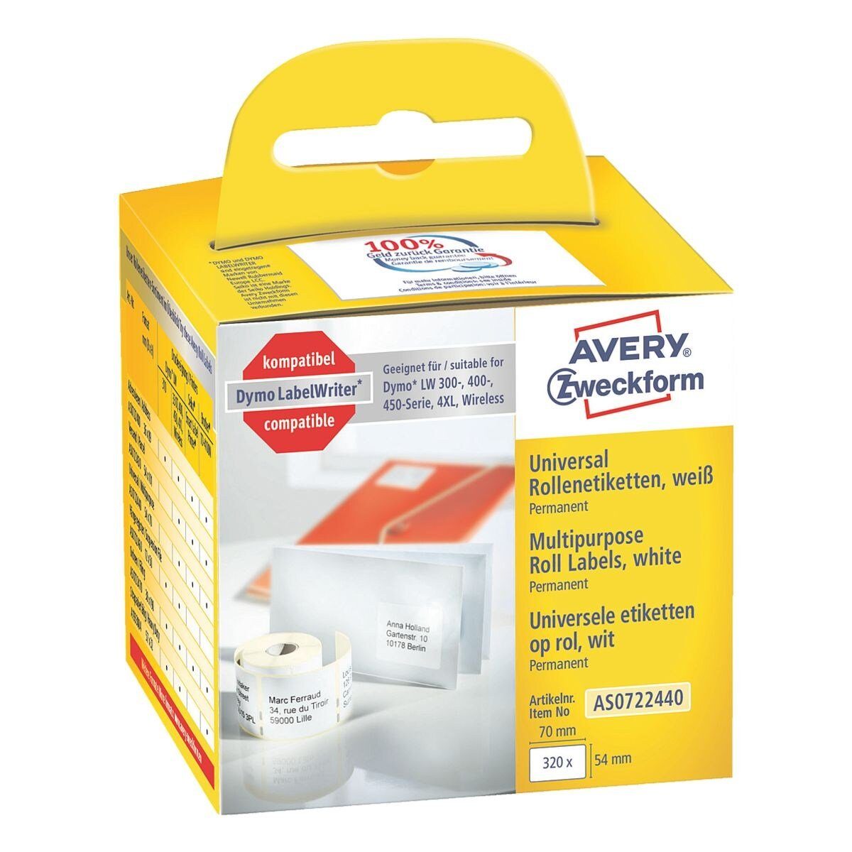 Avery Zweckform Thermorolle AS0722440, entspricht DYMO® S0722440, 320 Universal-Etiketten 54/70 mm
