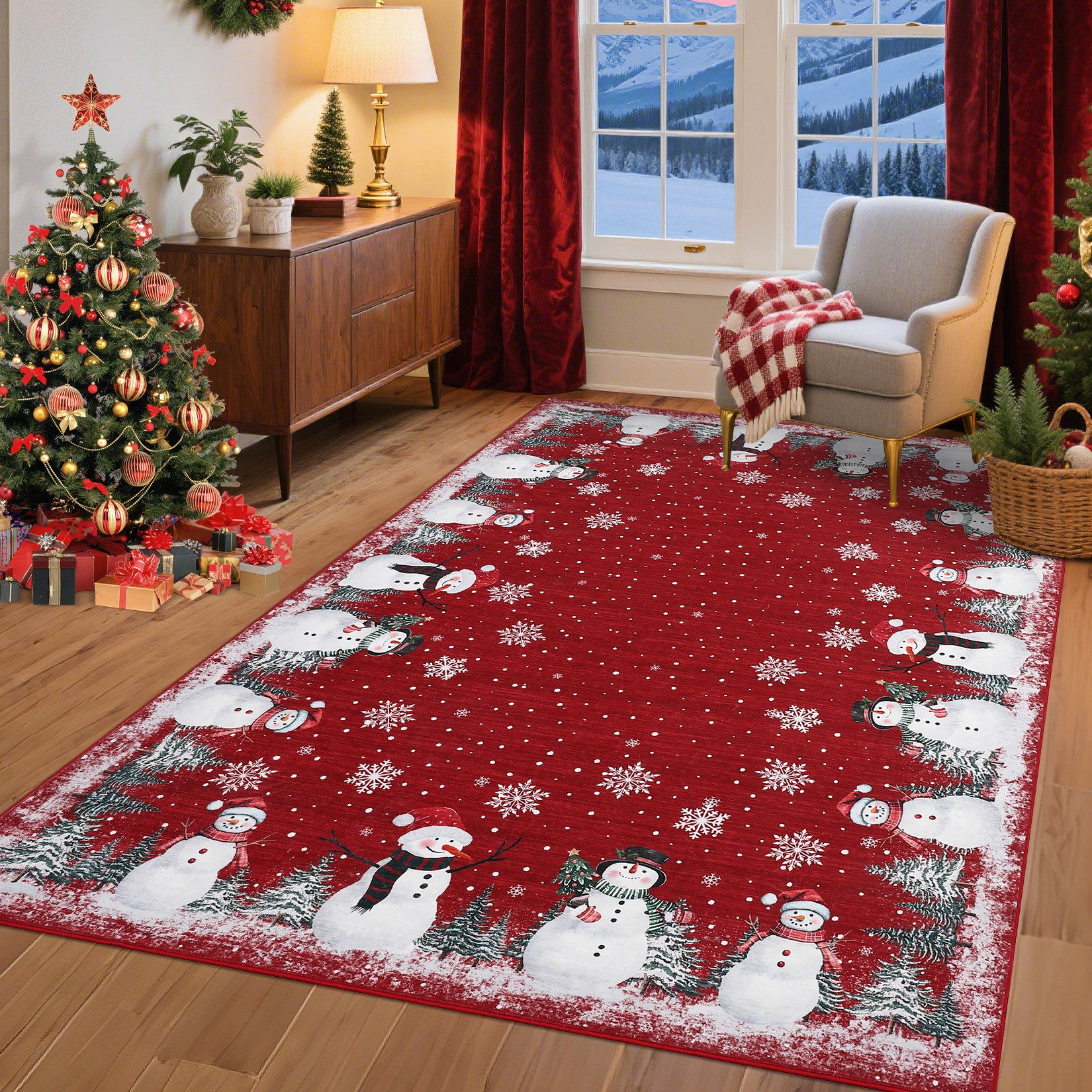 GarveeMore Teppich Roter Schneemann-Teppich – weich, waschbar, für Wohnzimmer, rechteckig, Höhe: 5 mm