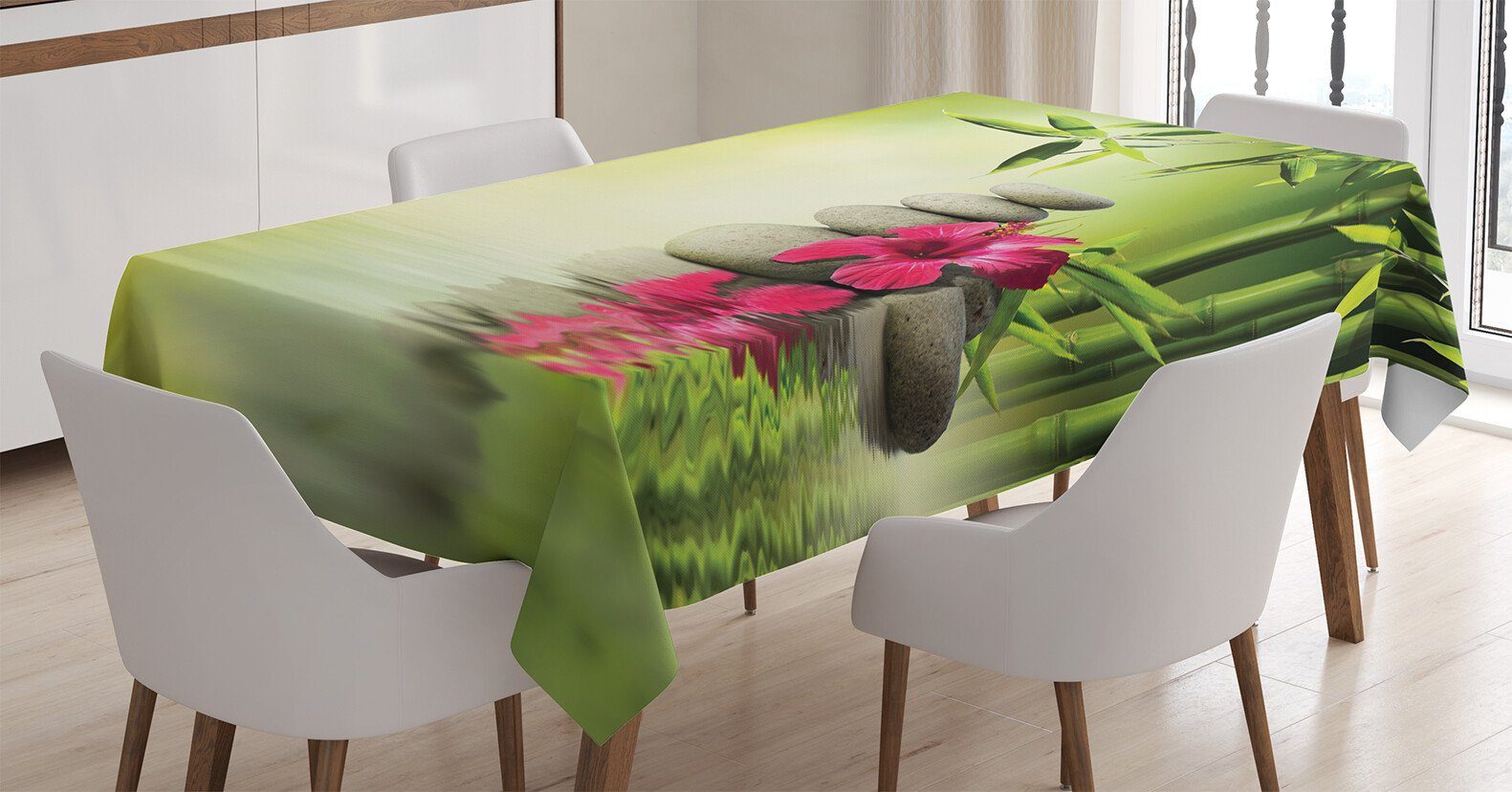 Abakuhaus Tischdecke Farbfest Waschbar Für den Außen Bereich geeignet Klare Farben, Natur Steine ​​Bambus-Blätter