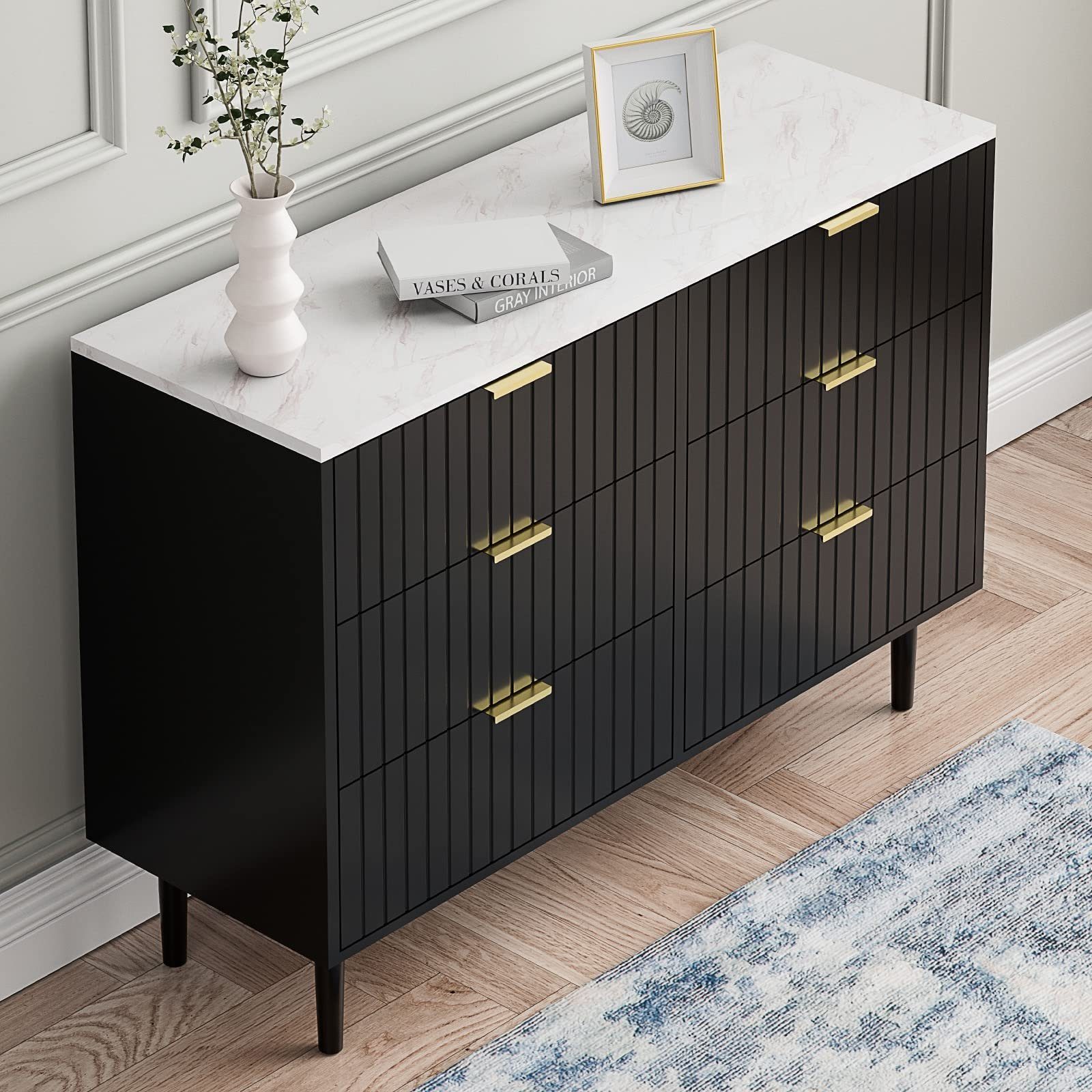 UEV Kommode mit 6 Schubladen Sideboard TV Board für Wohnzimmer,Schlafzimmer (Schrank mit Füße/Metallgriffe, Aufbewahrungsschrank viel Stauraum Highboard Schmal  – Bild 4 von 5