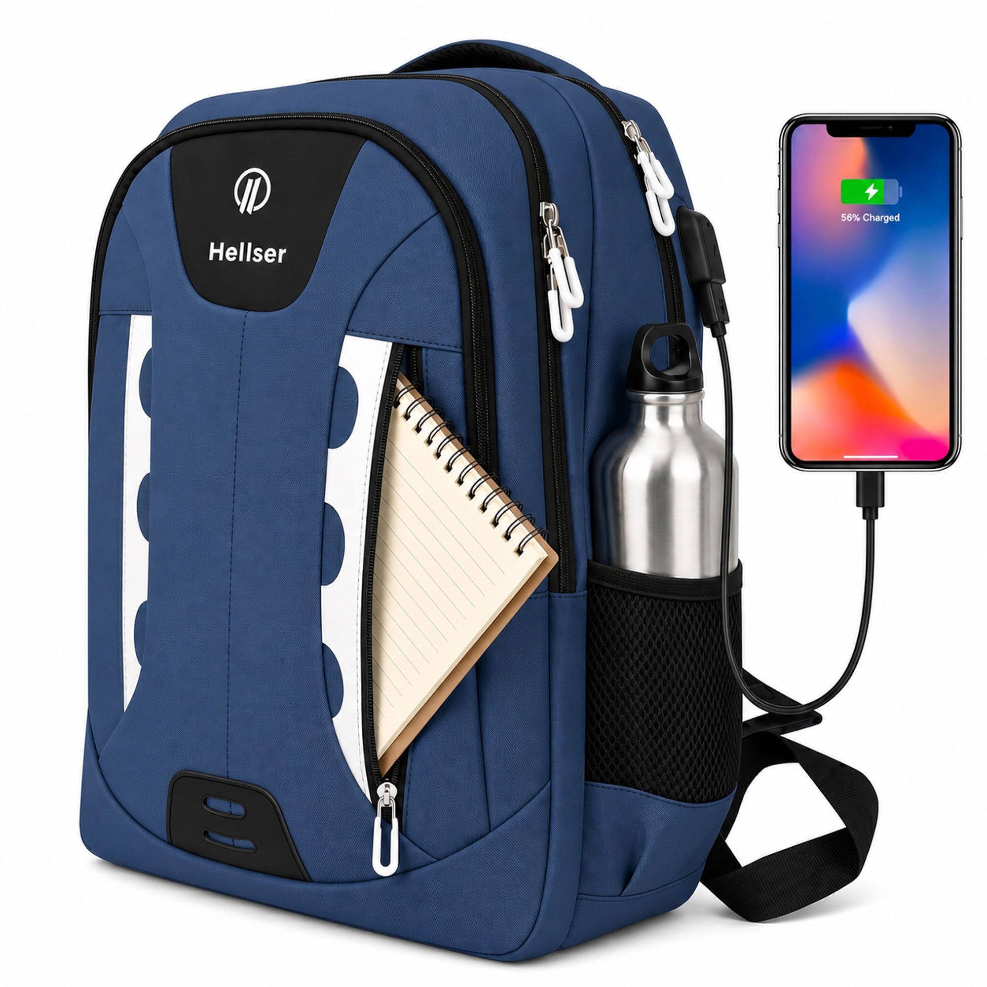 HELLSER Laptoprucksack & Schulrucksack NOVA Unisex mit USB-Ladeanschluss & Laptopfach 16 Zoll, Wasserabweisend, Reiserucksack Handgepäck, Reflektoren, Ergonomisch