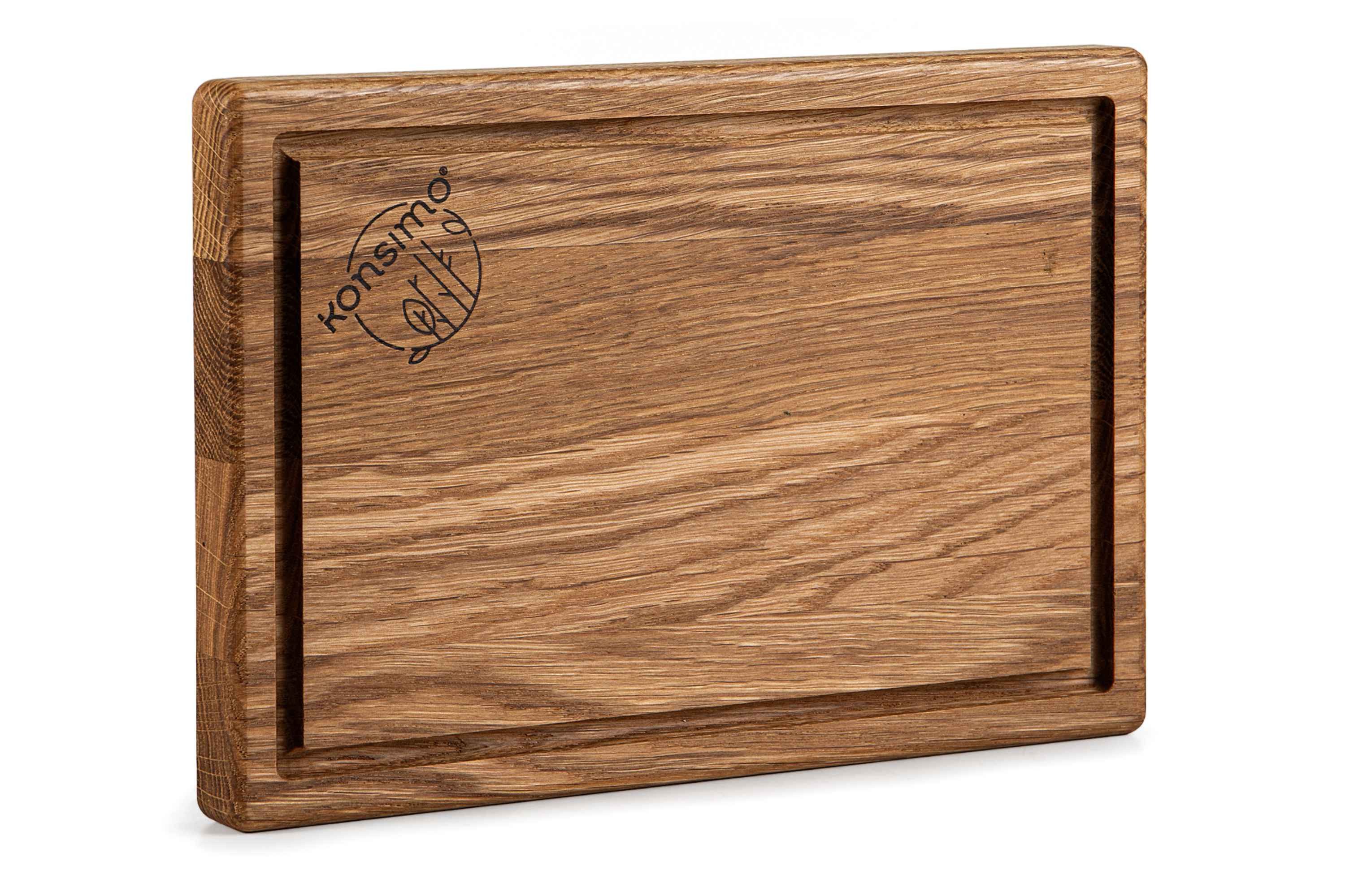 KONSIMO® Schneidebrett Premium SOLIDA Servierbrett, Schneidboard, Designschneidebrett, Eichenholz, (Maße: 22x2x15 cm), Massivholz Eiche, Messershoned, hergestellt in der EU, Saftrille
