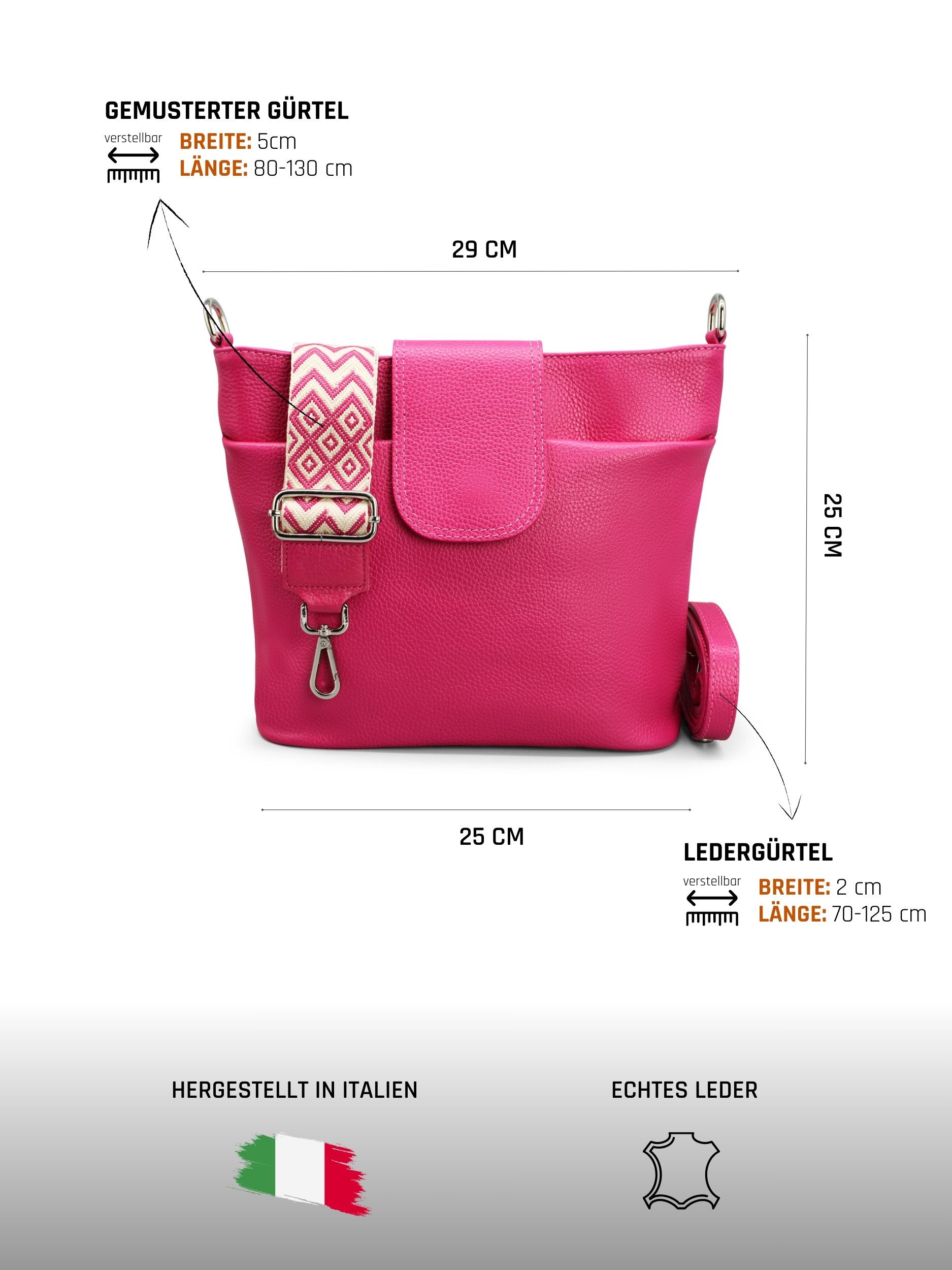 Adel Bags Schultertasche SARA Umhängetasche für Damen, Schultertasche aus Echtleder, 20 Farboptionen, Hergestellt in Italien, mit 2 Riemen