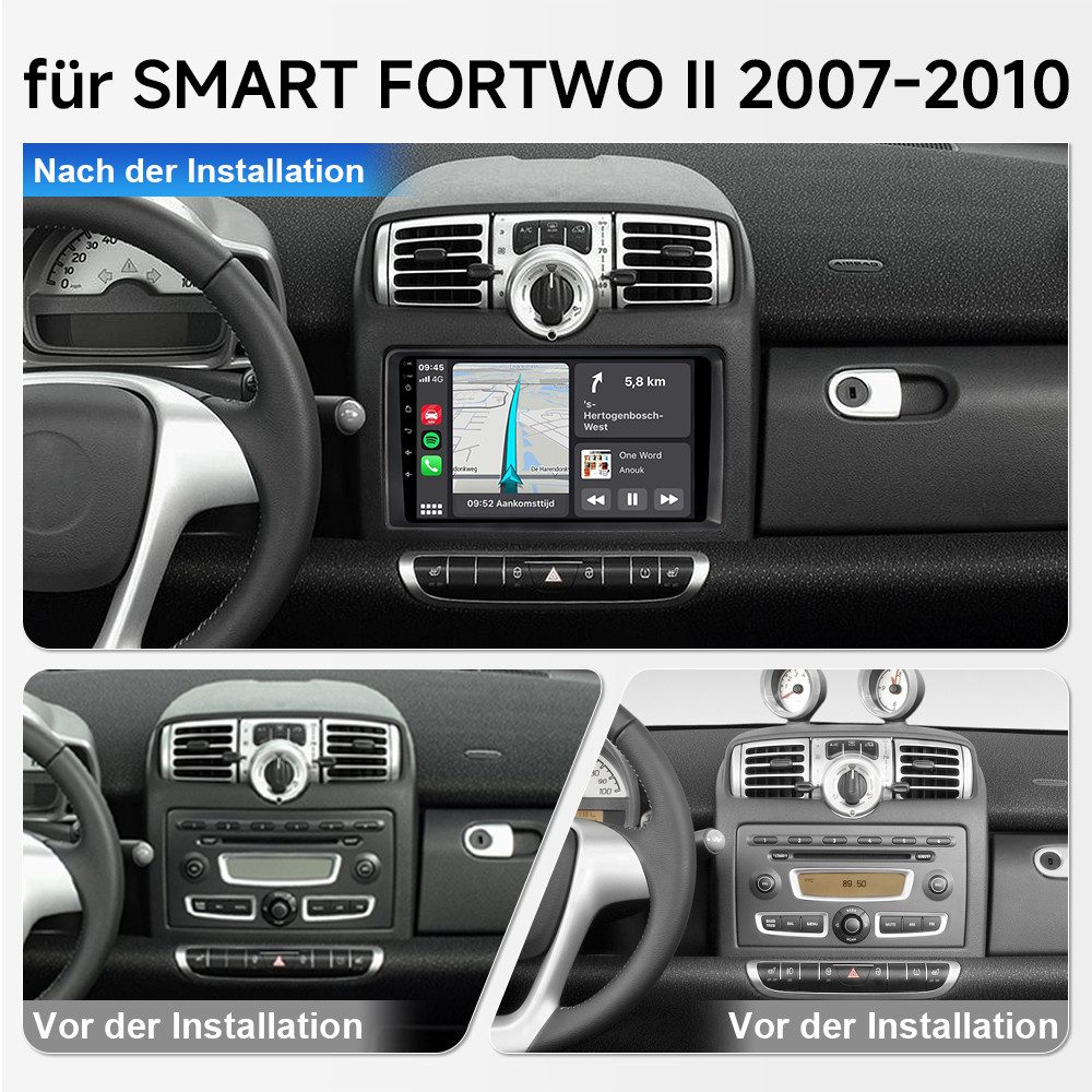 A-Sure Android 15 Apple Carplay 4/8 Core Navi Für Smart Fortwo 451 2005-2015 Autoradio (Digitalradio (DAB), FM, AM)