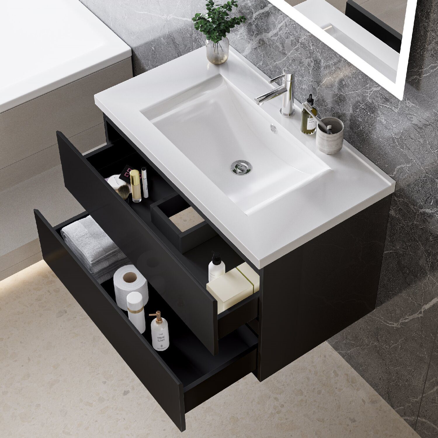 duschspa Waschtisch Waschbecken mit Unterschrank Badmöbel Set Badschrank Waschplatz, Hochglanz, 50-120cm