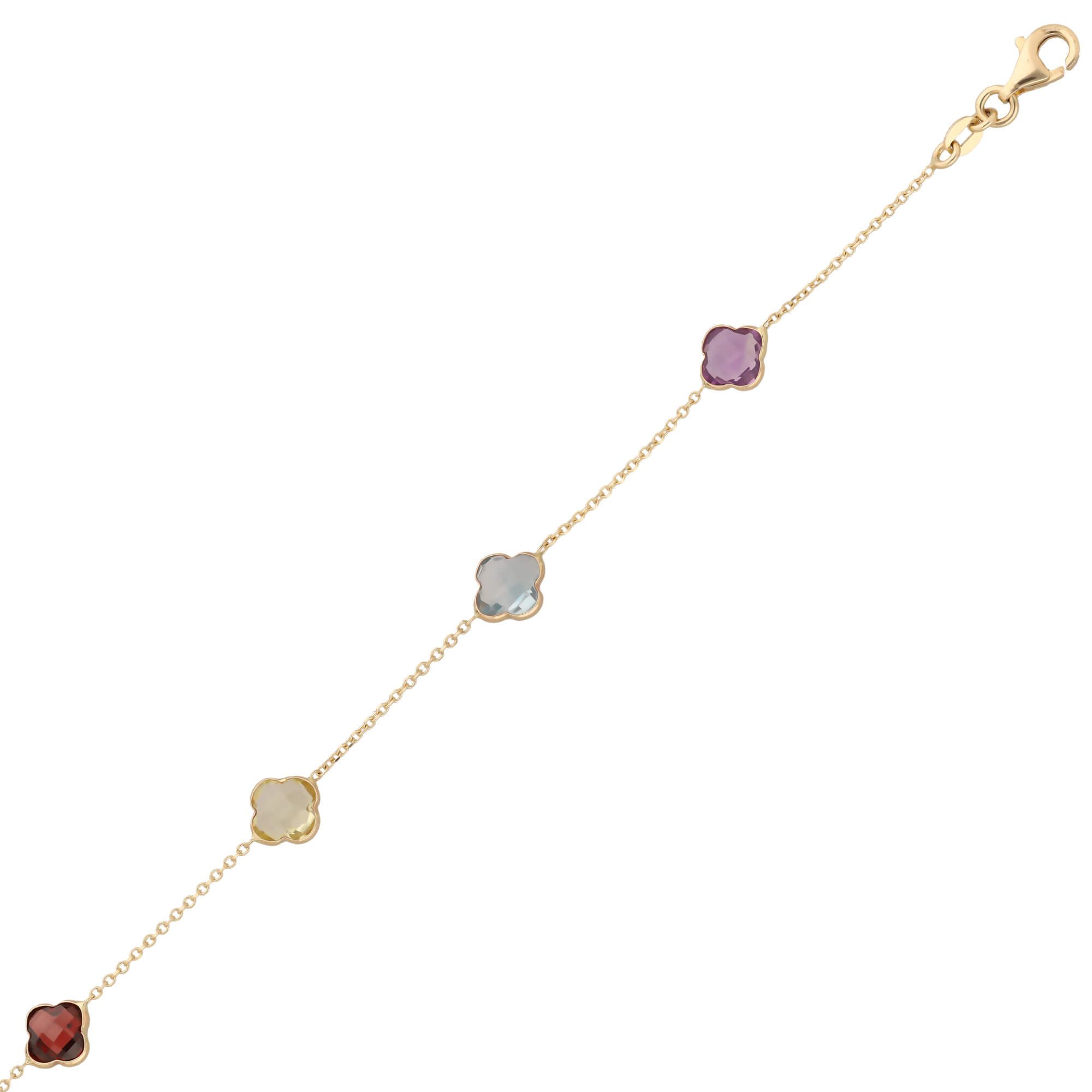 Schmuck Krone Fußkette Fußkette 585 Gelbgold Kleeblatt Blumen Edelsteine 22-25cm, Gold 585