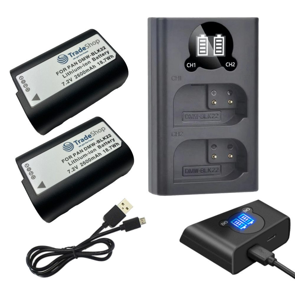 Trade-Shop 3in1 Set passend für Panasonic DMW-BLK22 DMW-BLK22E GH5 Ladegerät + 2x Kamera-Akku Li-Ion 2600 mAh (7,2 V), Mit USB Ladekabel