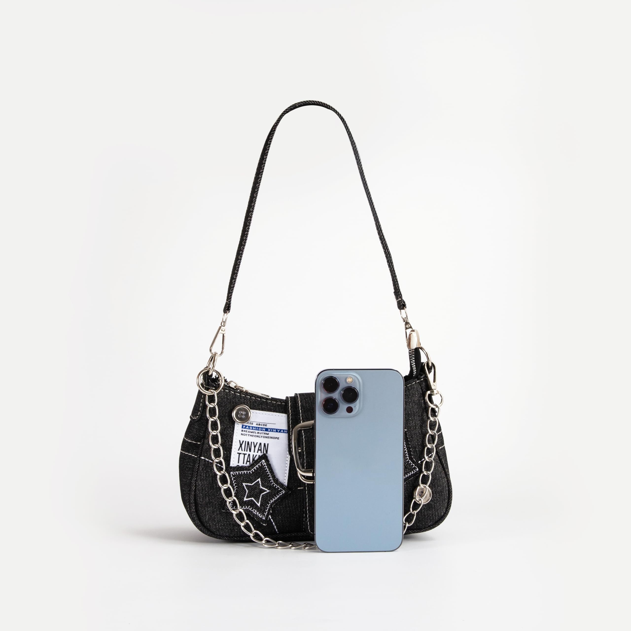 Zaewry Schultertasche Umhängetasche Damen klein Handtasche, Y2K Crossbody Bag Damen, mit Sternenstickerei und Kettenriemen, Vintage für Frauen Dating – Bild 5 von 5