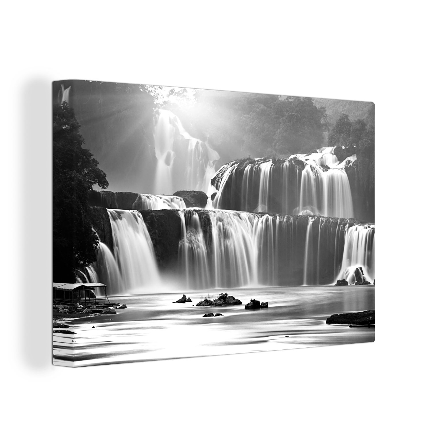 OneMillionCanvasses® Leinwandbild Wasserfall - Schwarz - Weiß - Ban Gioc, (1 St), Wandbild für alle Wohnbereiche, Gemälde, XXL, großes, 120x80 cm bunt