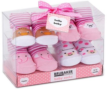 BRUBAKER Socken Babysocken für Mädchen 0-12 Monate (4-Paar, Baumwollsocken mit Tier Motiven) Baby Geschenkset für Neugeborene in Geschenkverpackung mit Schleife