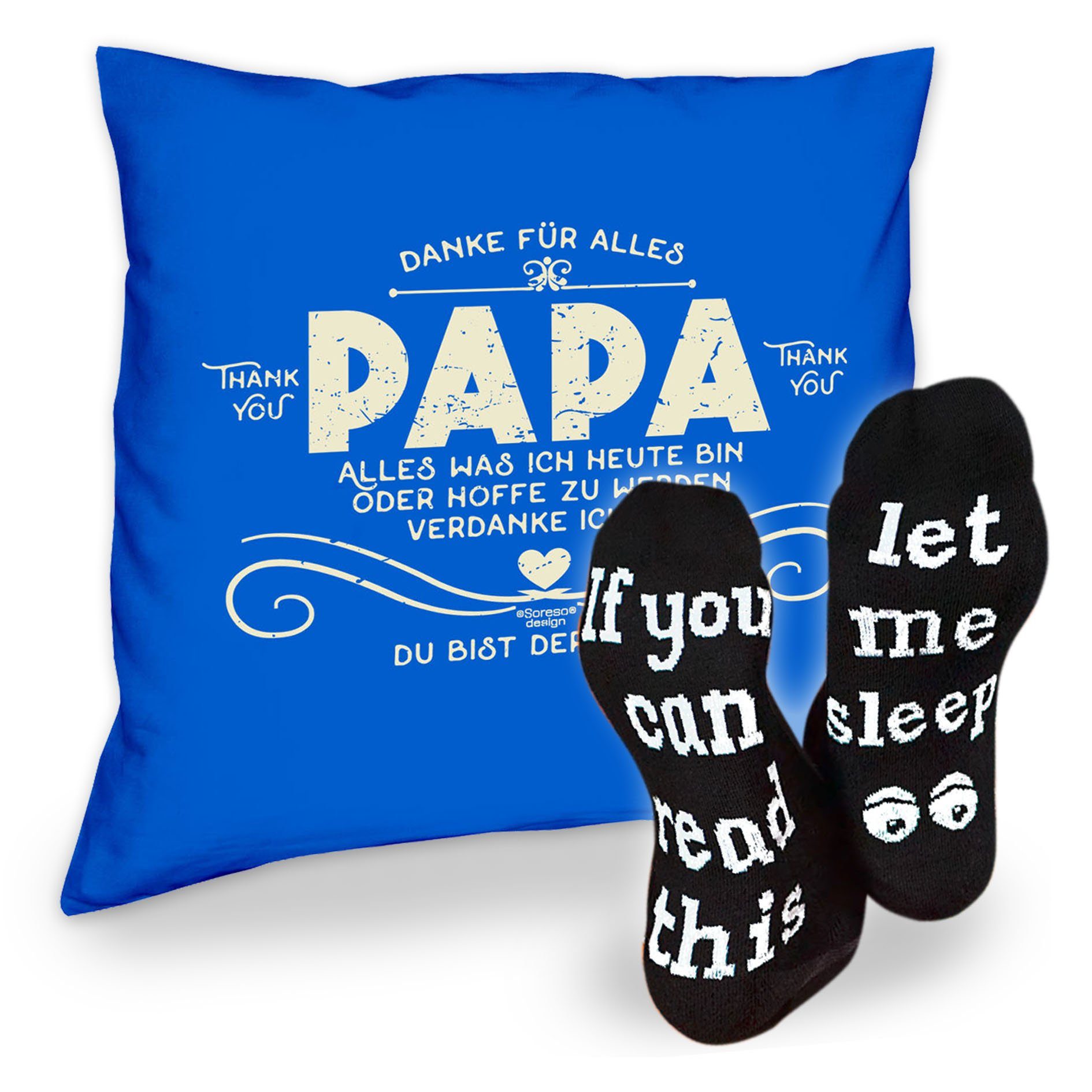 Soreso® Dekokissen Kissen Danke Papa & Sprüche Socken Sleep, Vatertagsgeschenk Papa Männer royal-blau