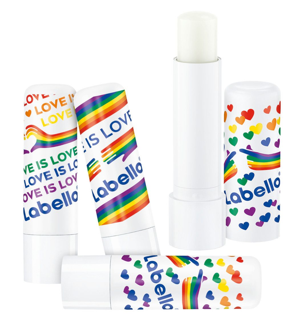 Labello Lippenbalsam 4er Set Original Pride Kiss Edition drei Design 24h Feuchtigkeit, 4-tlg., drei verschiedenen Designs. Zuteilung per Zufallsprinzip.