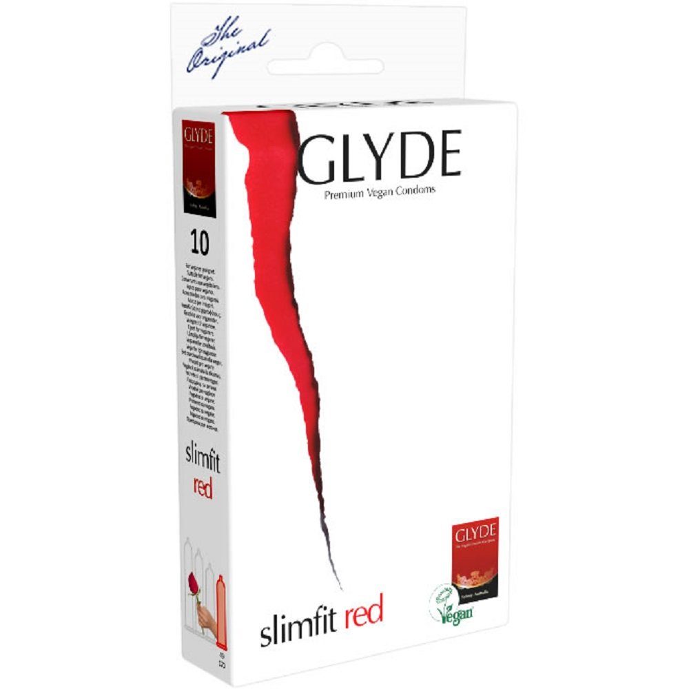 Glyde Kondome Glyde Ultra «Slimfit Red» vegane, rote XS-Kondome Packung mit, 10 St., Zertifiziert mit der Veganblume, Gefühlsecht & Reißfest