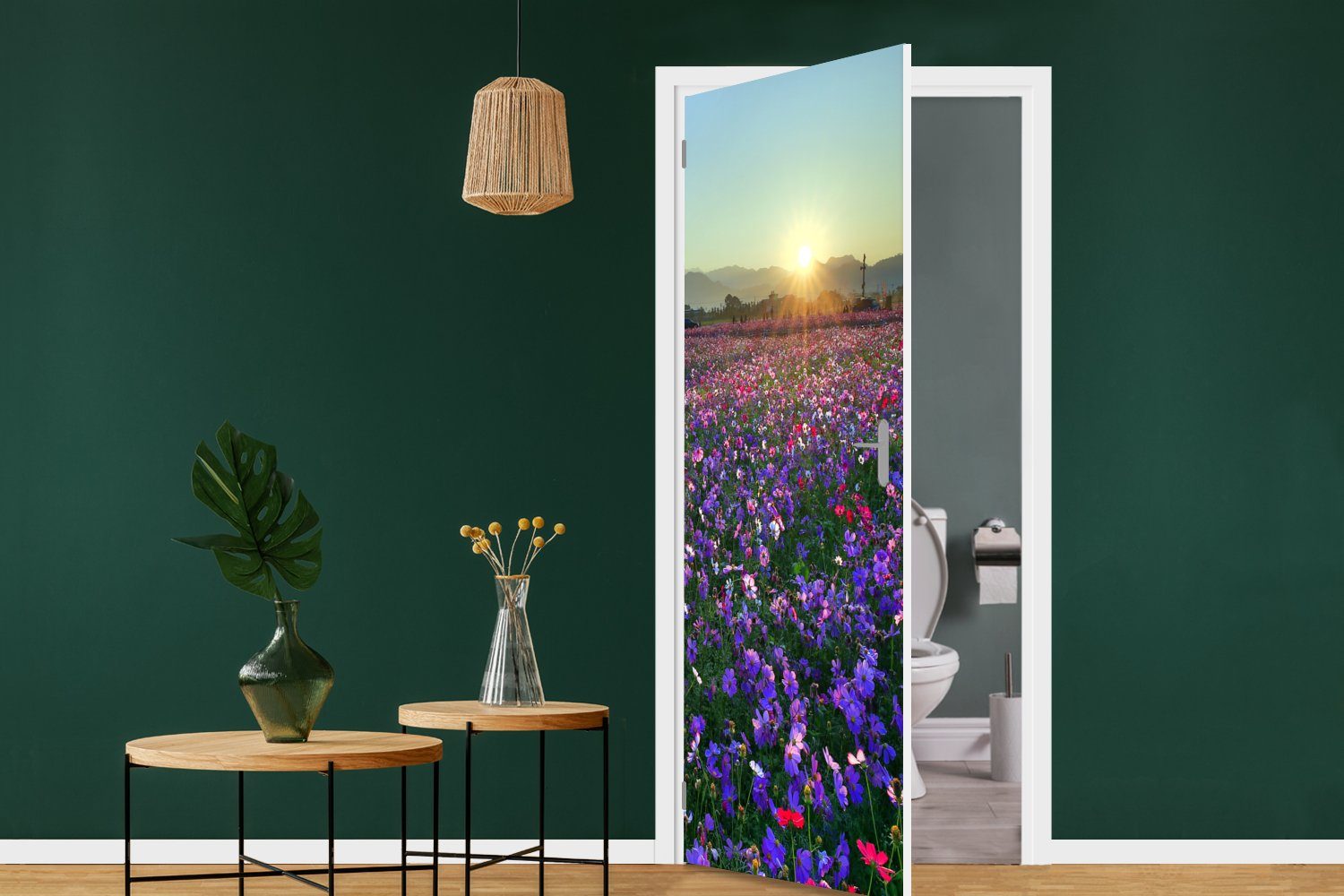 Türaufkleber, Türtapete St), Tür, Blumen bedruckt, Fototapete - für Sonnenuntergang, MuchoWow (1 cm Matt, Lila - 75x205