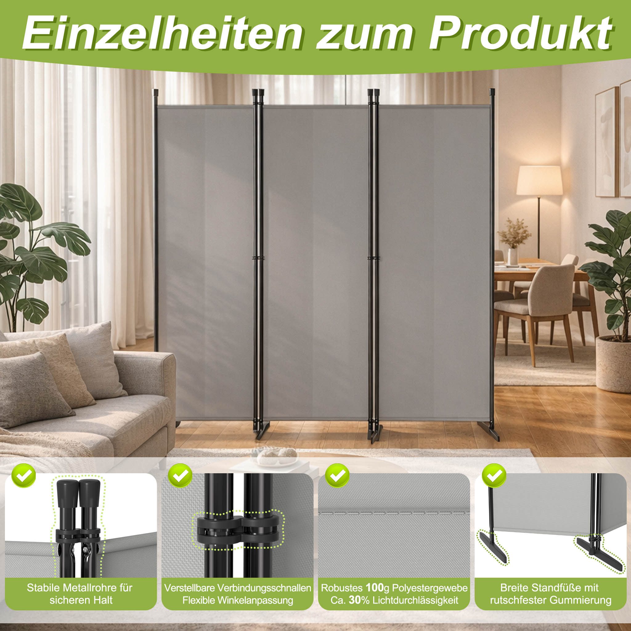 FIVMEN Paravent Raumteiler Klappbar Trennwand Freistehend Sichtschutz Raumtrenner, für Innen und Außenbereich, Ideal für Wohnzimmer und Garten