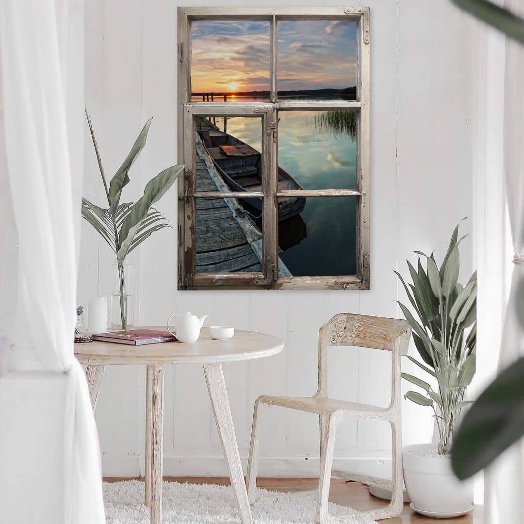 K&L Wall Art Wandtattoo 3D Wandtattoo Aufkleber Shabby Chic Holz Optik Sonnenuntergang am See, Holzfenster Wandbild selbstklebend