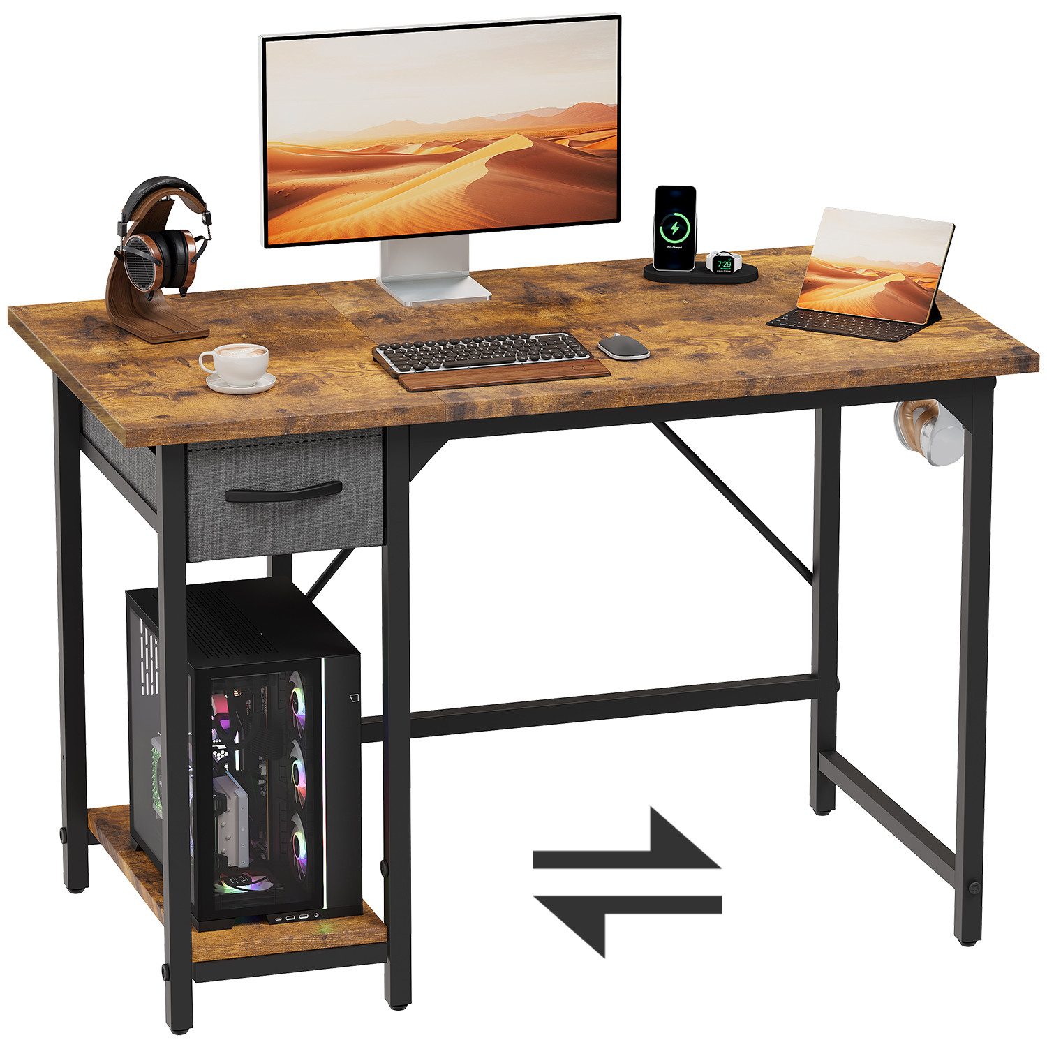 Furnicopia Eckschreibtisch L-förmiger Gaming-Schreibtisch mit Stauraum, Steckdosen und LED (120/140 cm großer Schreibtisch mit zwei Monitorhalterungen, zwei Ablagen, einer verstellbaren Ablage, einem Becherhalter und einem Kopfhörerhalter)