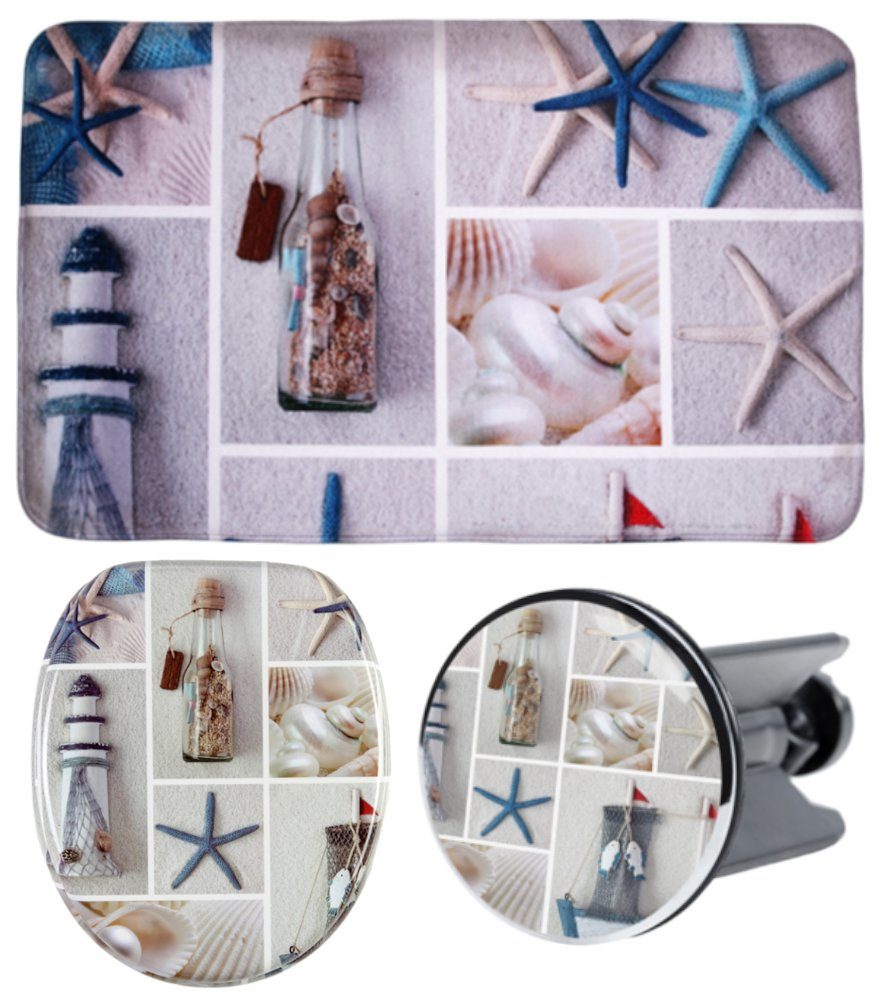 Sanilo Badaccessoire-Set 3-teilig Meeresbrise, WC-Sitz mit Absenkautomatik, Badteppich 70 x 110 cm, Waschbeckenstöpsel, 3 tlg., hochwertig & modern, universell, leichte Montage