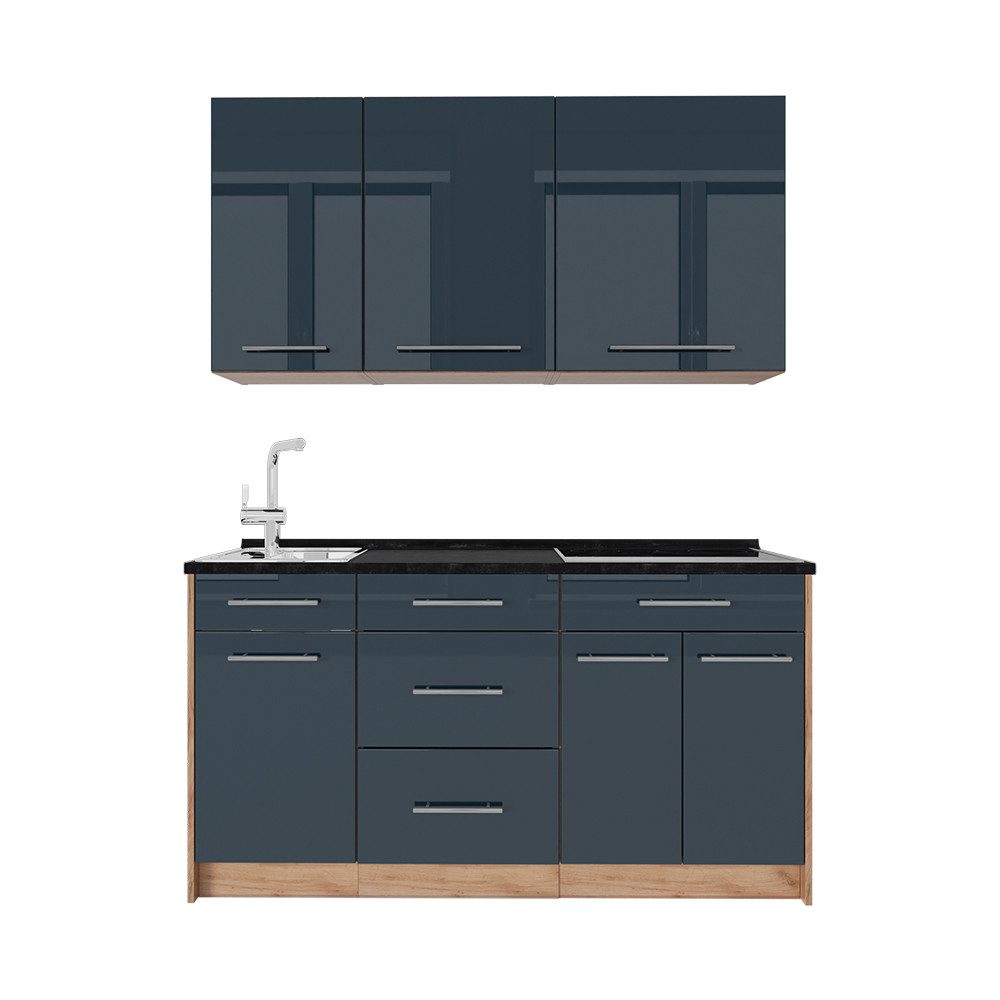 Vicco Küchenzeile Fame-Line, Dunkelblau Hochglanz/Goldkraft Eiche, 150 cm, AP Anthrazit