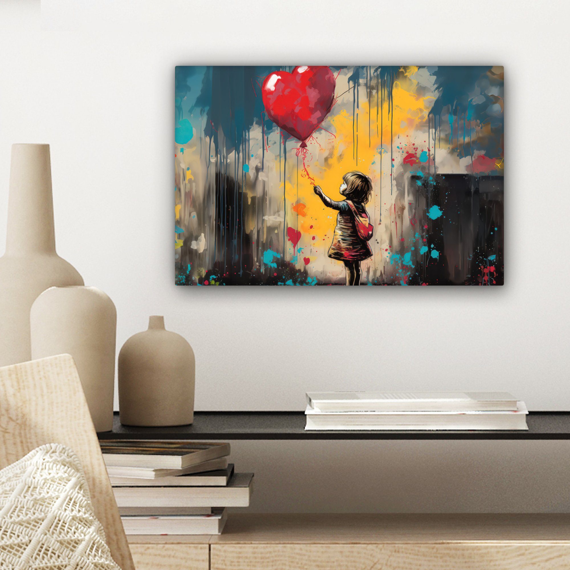 OneMillionCanvasses® Leinwandbild Mädchen - - (1 Leinwandbilder, Luftballon Wandbild St), Graffiti, cm Herz Aufhängefertig, - Wanddeko, 30x20