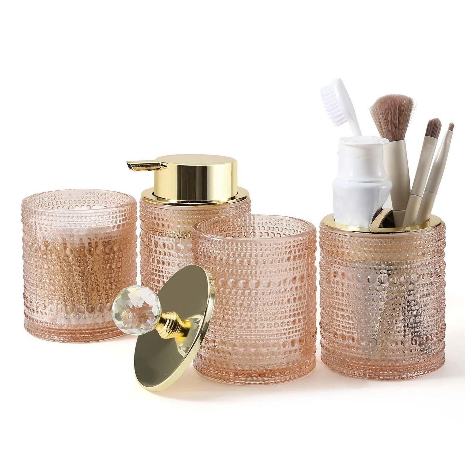 LuxusKollektion Badaccessoire-Set Badezimmer Zubehör Set Glas 4-teilig Rosa