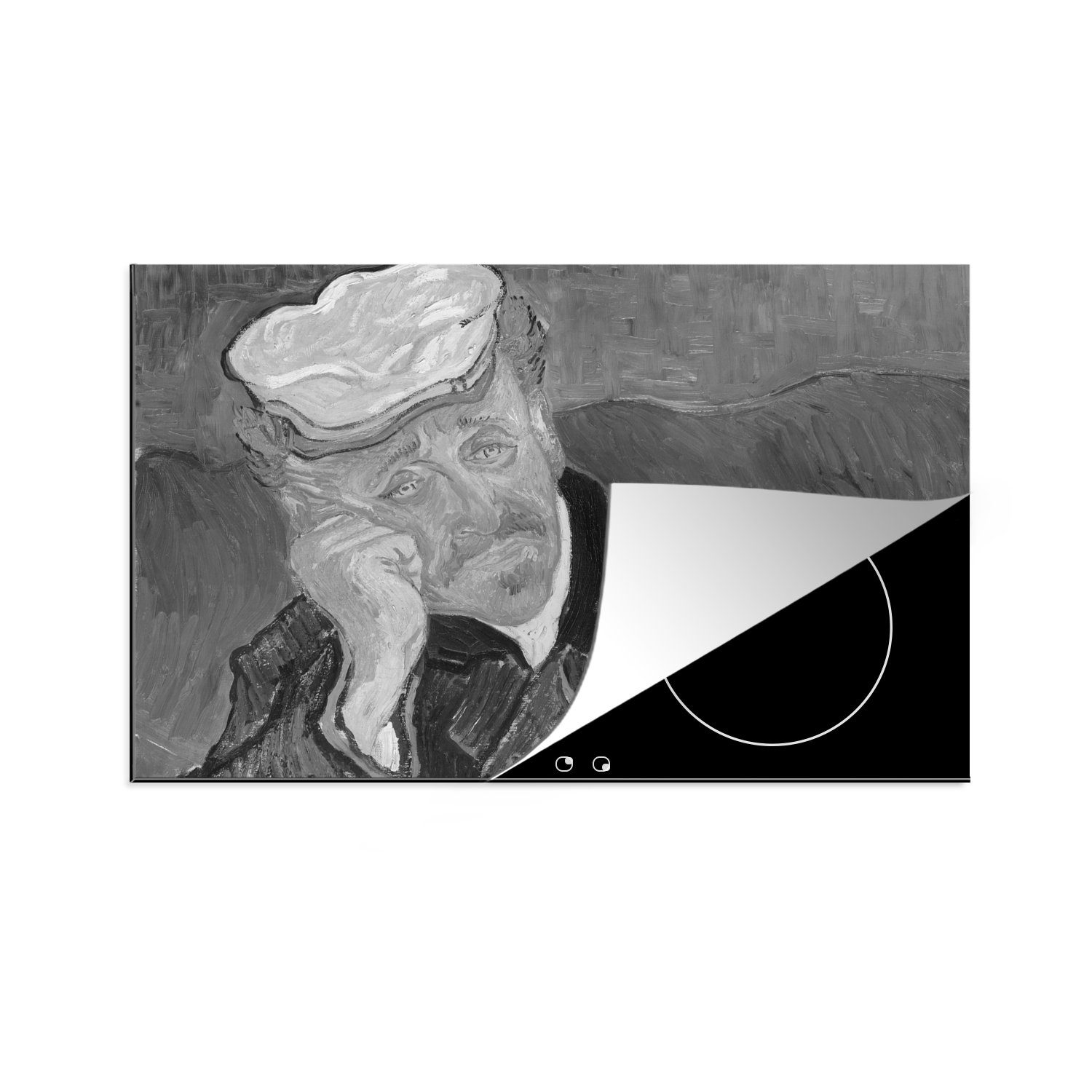 MuchoWow Herdblende-/Abdeckplatte Porträt von Dr. Gachet - Vincent van Gogh - Schwarz und weiß, Vinyl, (1 tlg), 81x52 cm, Induktionskochfeld Schutz für die küche, Ceranfeldabdeckung
