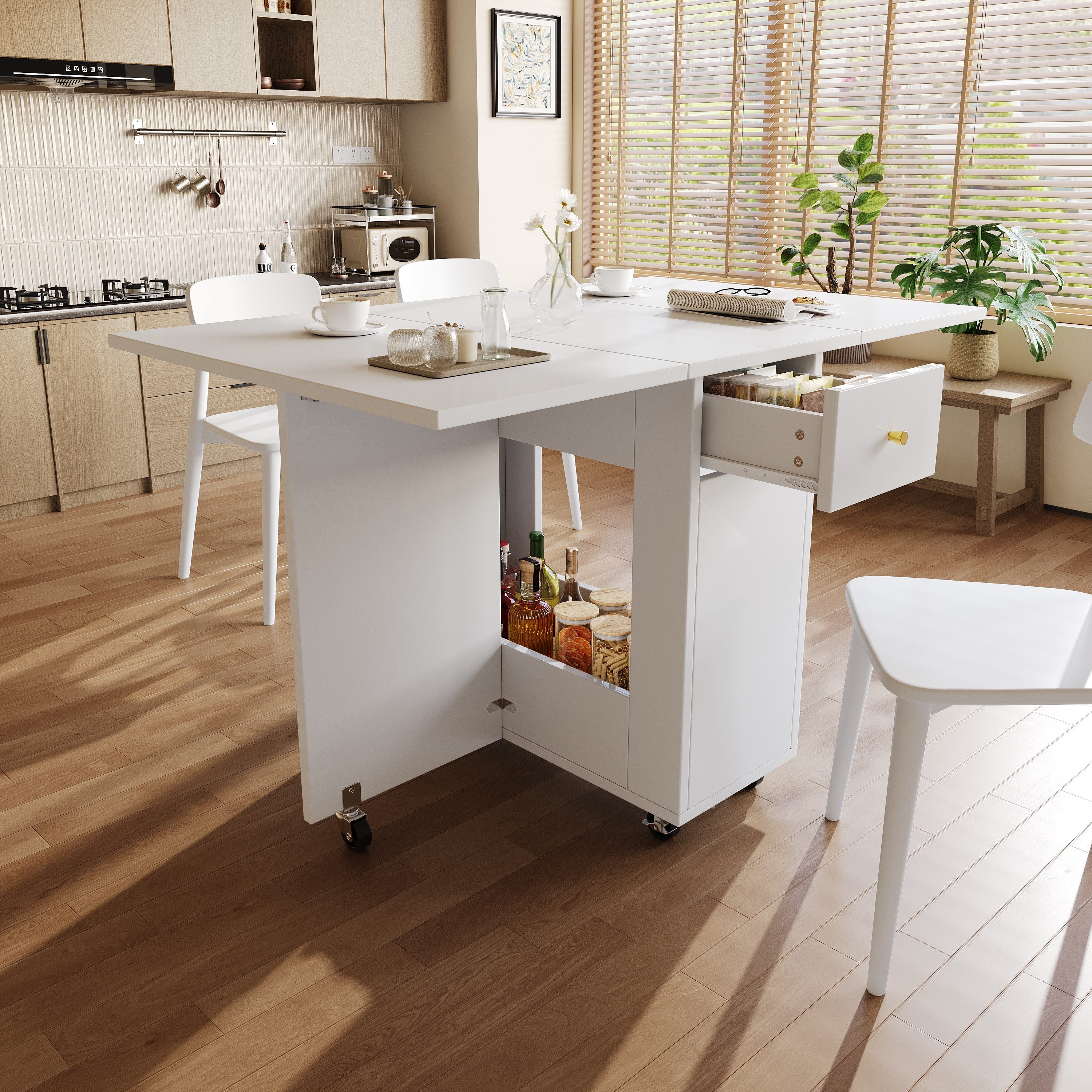 i@home Esstisch Klappbarer Esstisch (120 x 75 x 75 cm) (1 Tisch), mit offenem Stauraum, 2 Schubladen, bremsbaren Rollen,Weiß