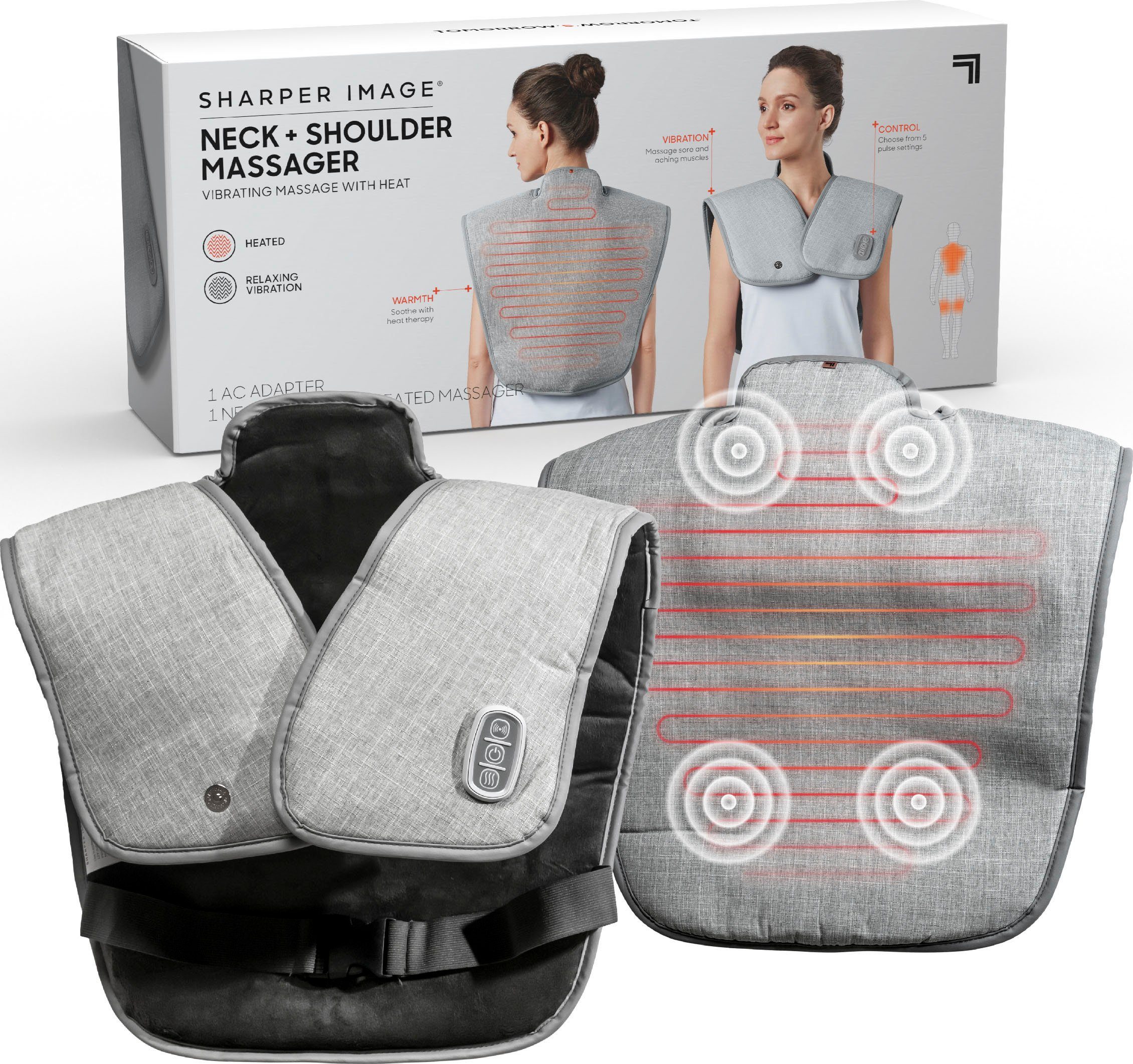 Sharper Image Nacken-Massagegerät Heizbares Nacken- & Schulter-Wärmekissen,  mit 5 Vibrationsstufen