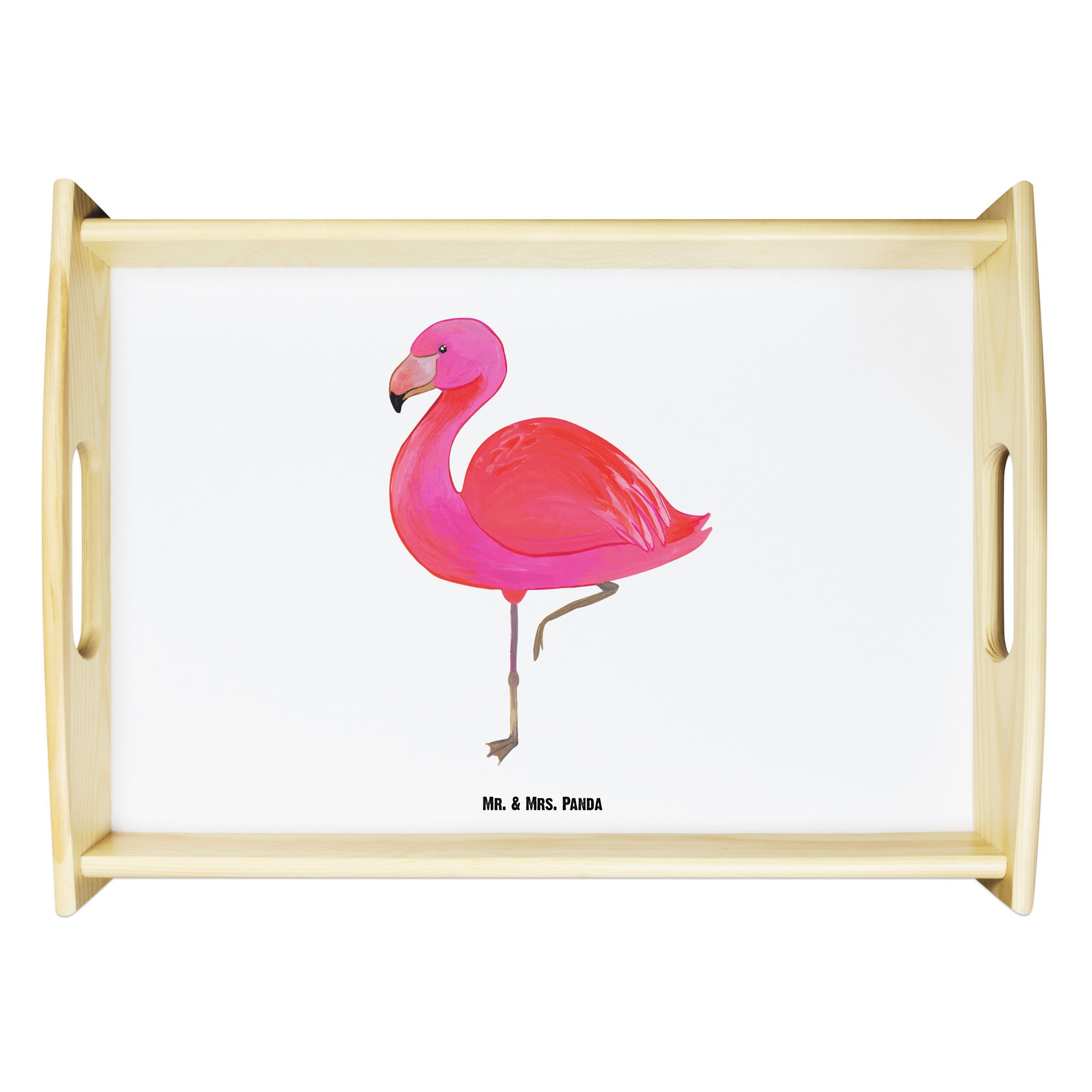 Mr. & Mrs. Panda Tablett Flamingo classic - Weiß - Geschenk, Küchentablett, einzigartig, ich, Echtholz lasiert, (1-tlg)