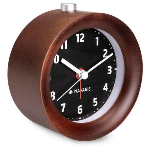 Navaris Wecker Analog Holz Wecker mit Snooze - Retro Uhr Rund mit Design Ziffernblatt Alarm Licht - Leise Tischuhr ohne Ticken - Naturholz