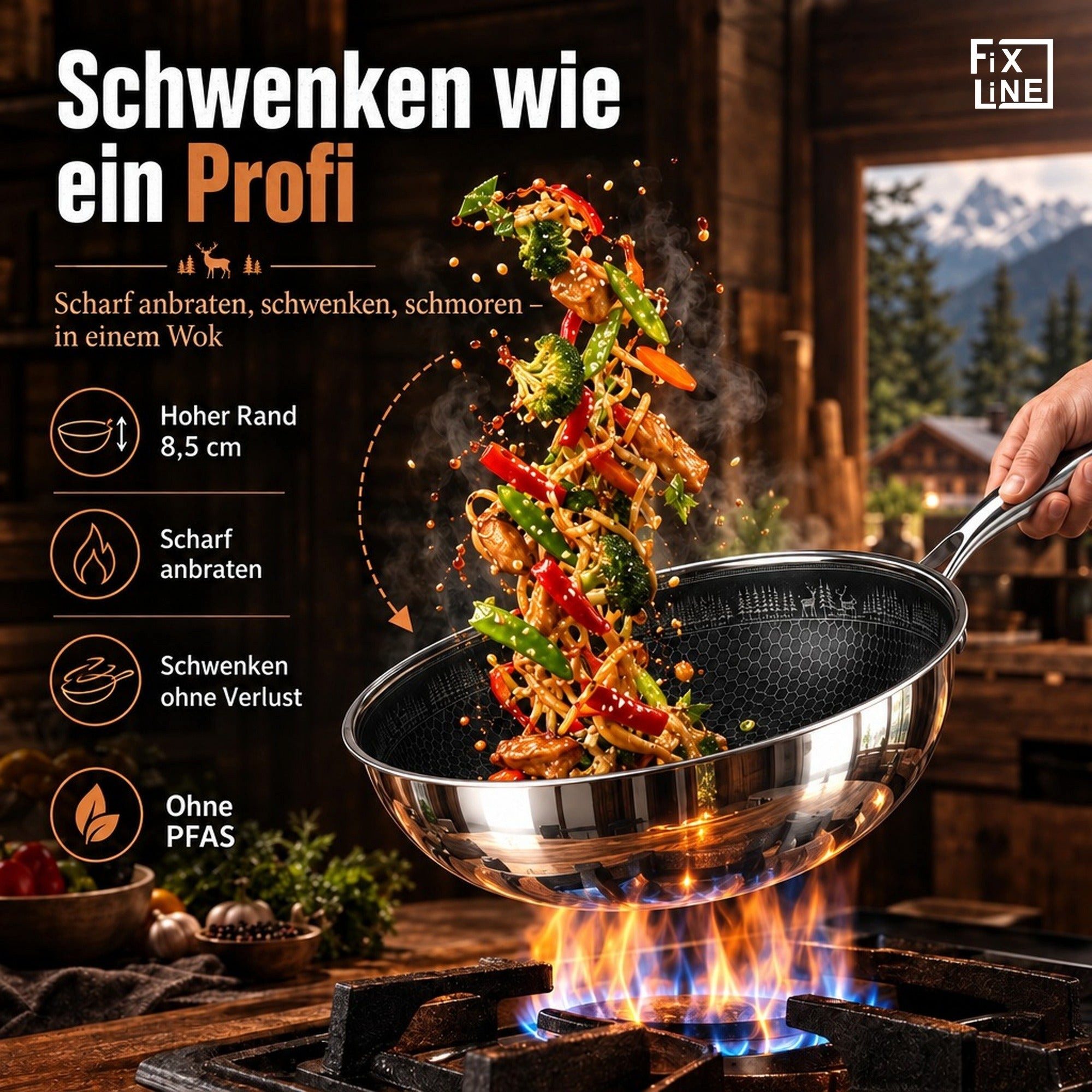 FIXLINE Wok Pfanne 28cm BLACK FOREST Edition Kratzfeste Beschichtung Induktion, Edelstahl (Einzel, 1 Wok Pfanne), Perfekte Geschenk Idee – Bild 2 von 5