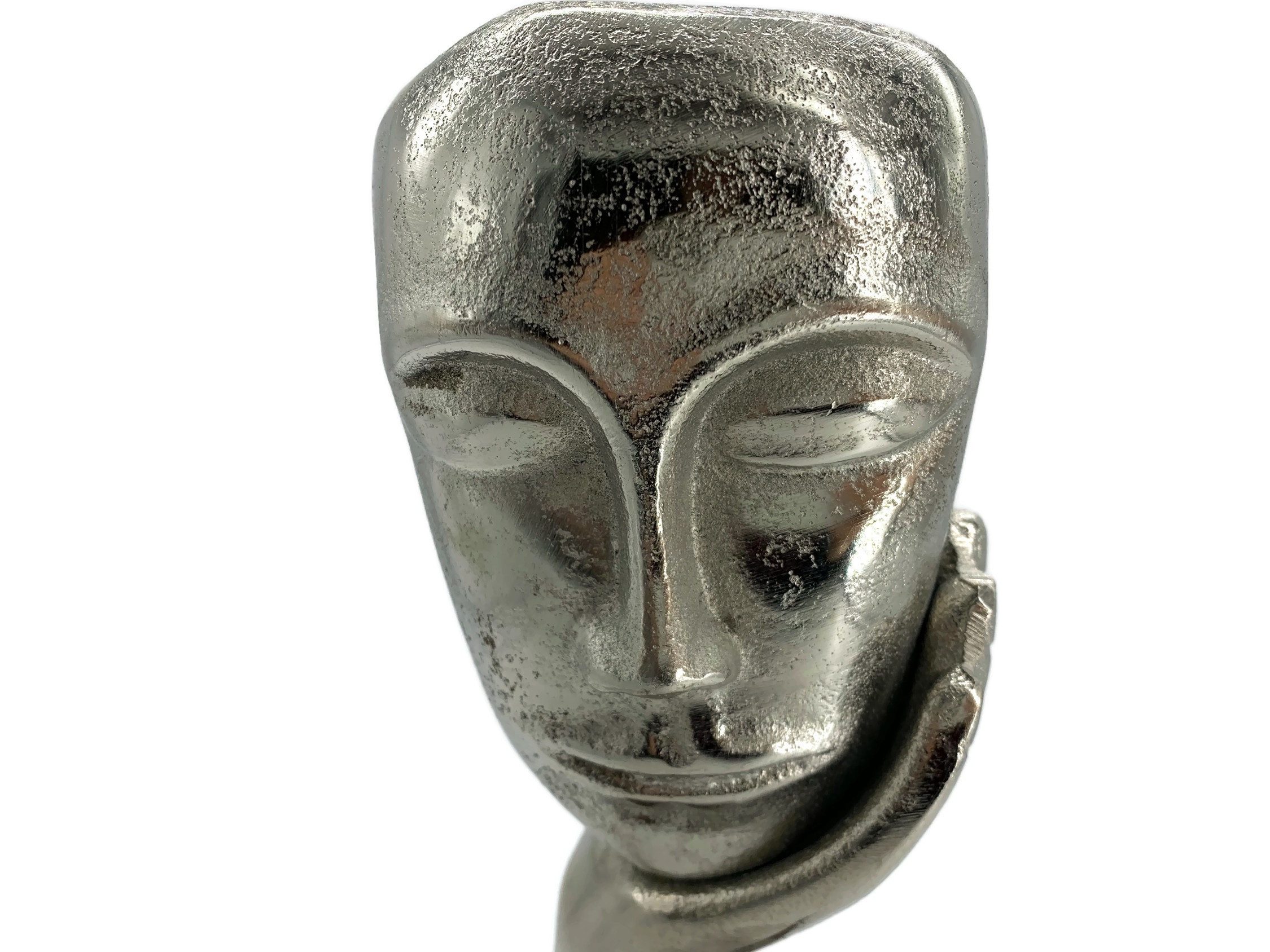 eXODA Skulptur Maske In Gedanken Aluminium auf Mangoholz Sockel