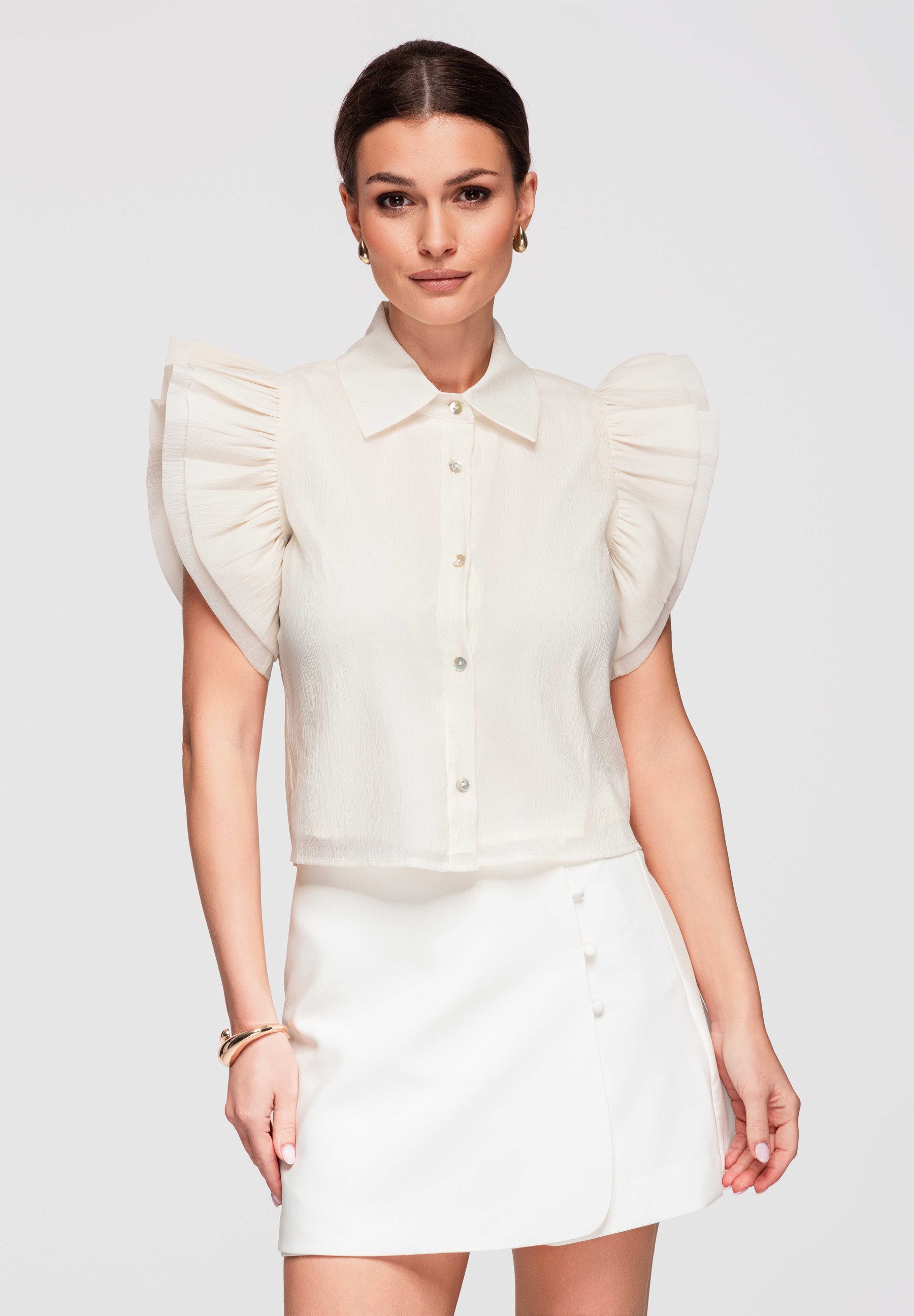 OMBRE Hemdbluse Damen Kurzarm Bluse mit Volants Elegant Ecru S (1-tlg) Volantärmel