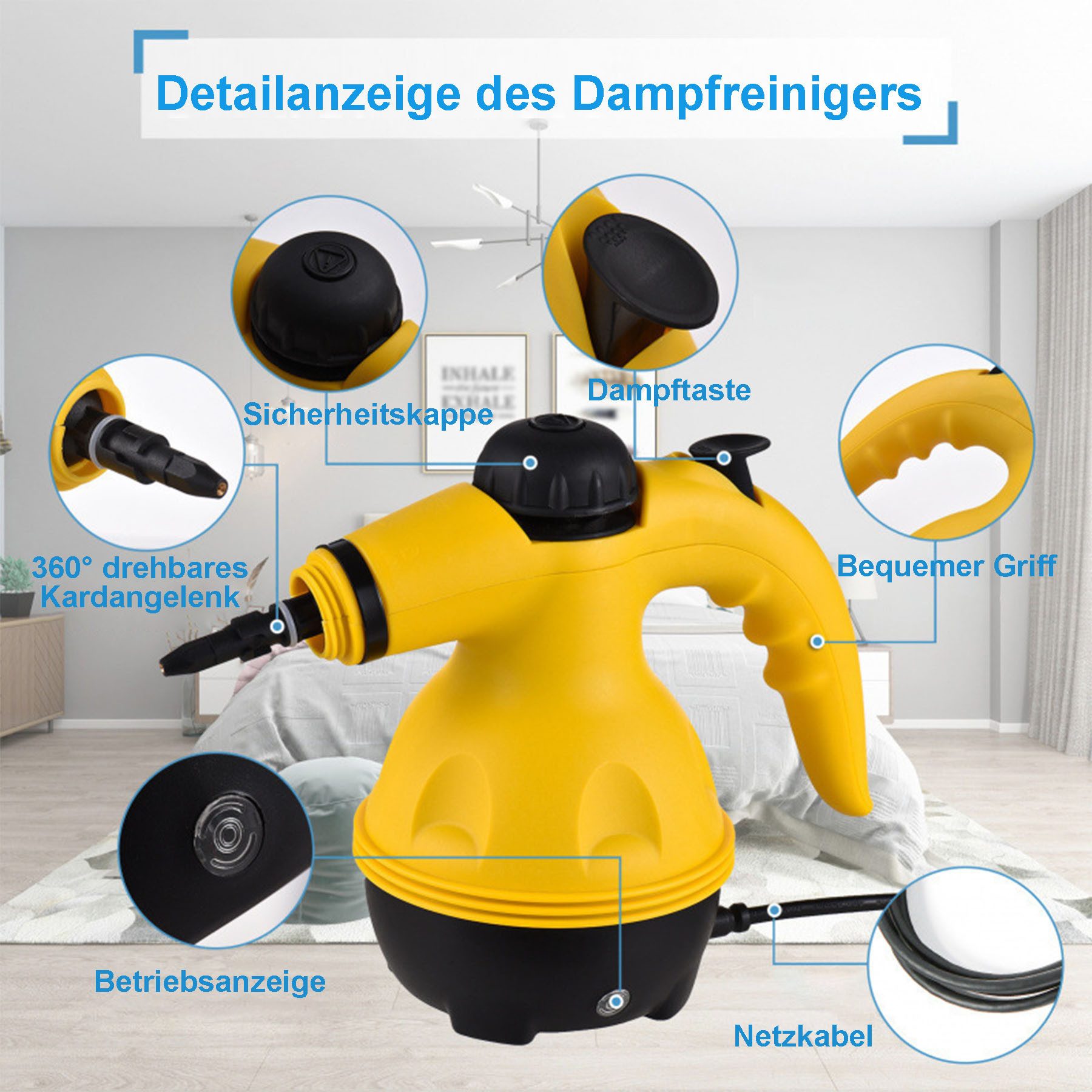 Senmudi Handdampfreiniger Handdampfreiniger,Dampfreiniger Mit 9 Fleckenentfernungszubehör, 1000 W, beutellos, Handgerät mit 3 m Kabel & Zubehör,Für Auto, Küche, Bad, Polster