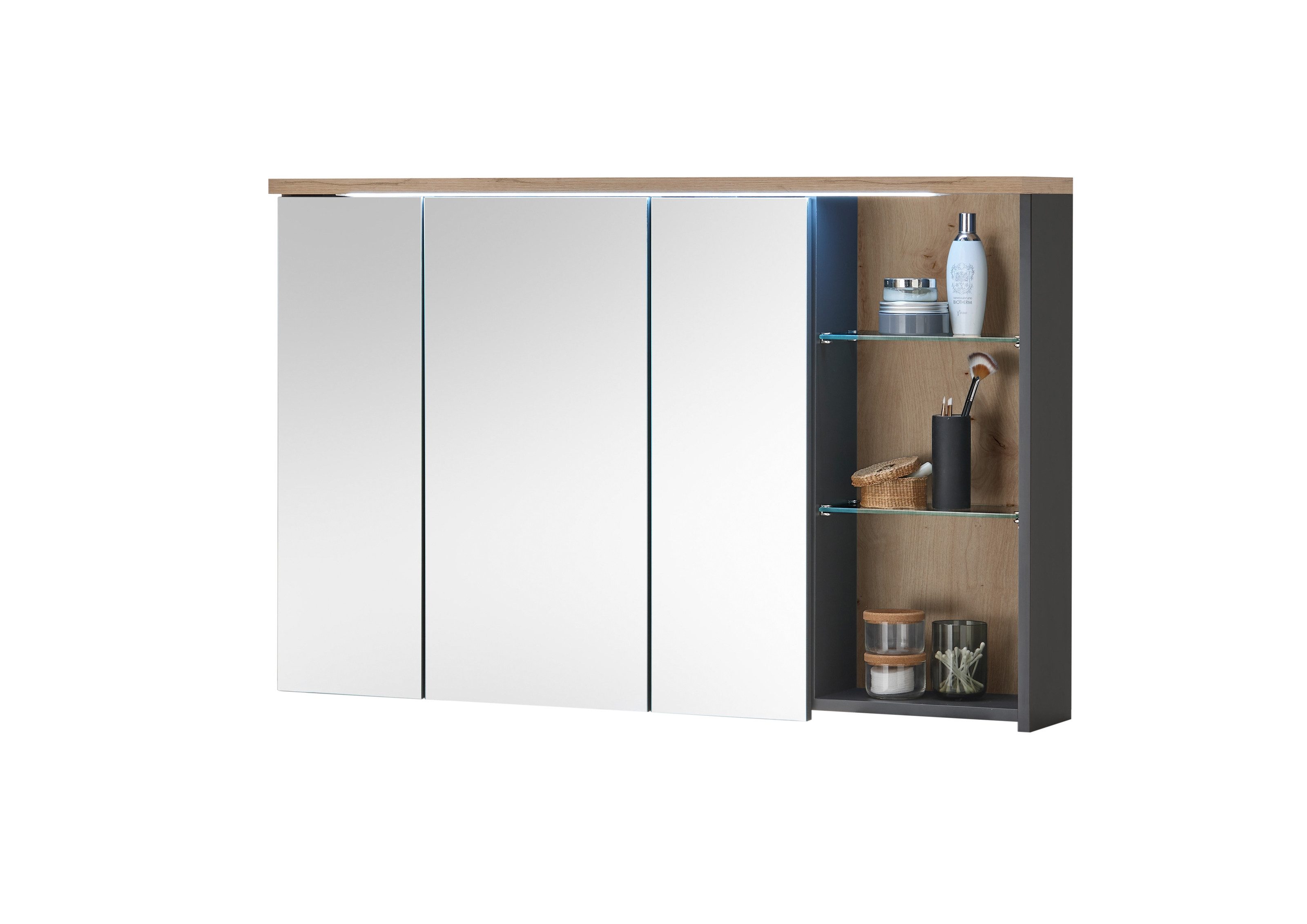 PREISBRECHER Badezimmerspiegelschrank Memphis Grau / Artisan Eiche Dekor - 110x70x20 (BxHxT)