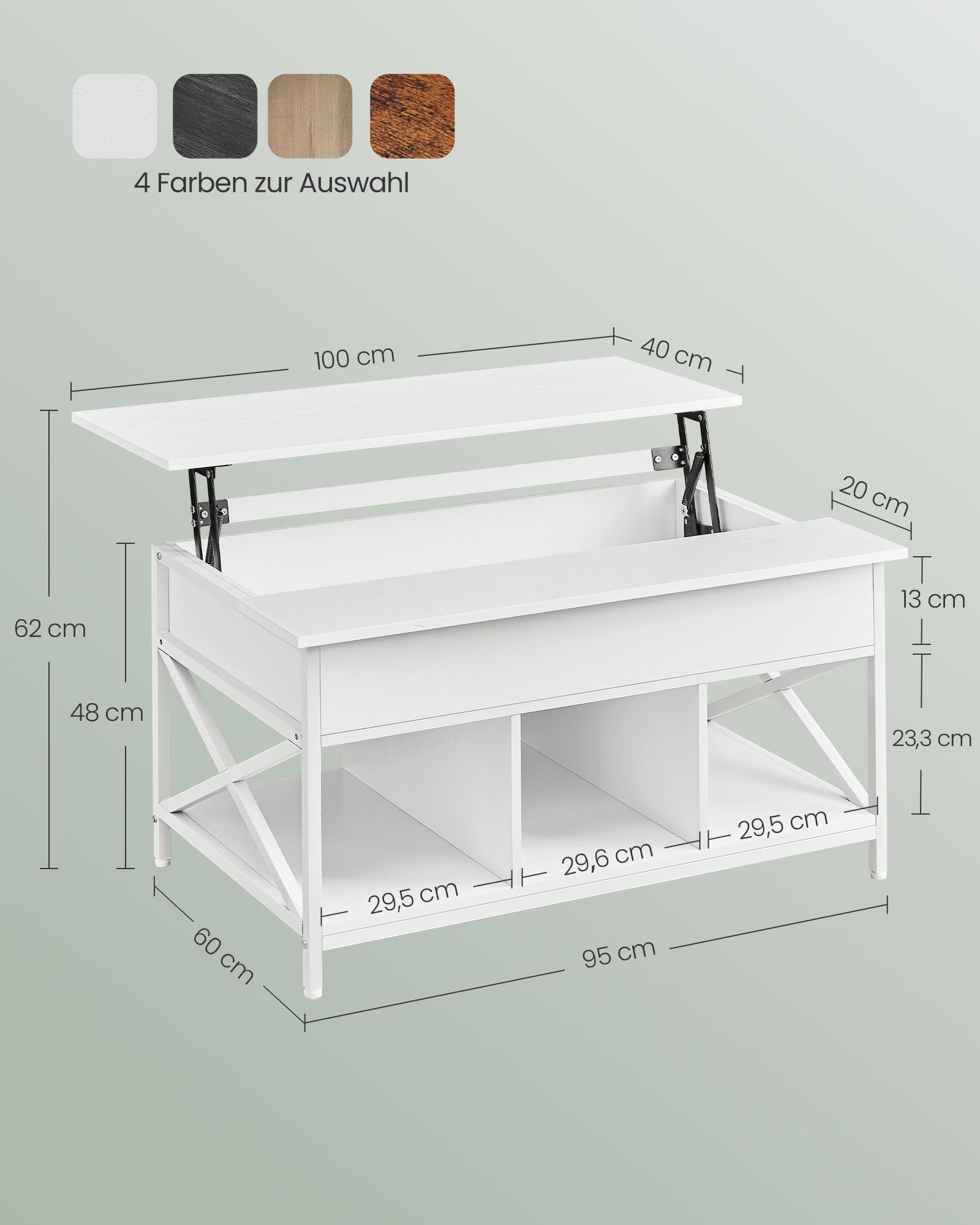 (48-62) VASAGLE Couchtisch, x cm Schneeweiß-Weiß 100 60 Stauraum, höhenverstellbar, x