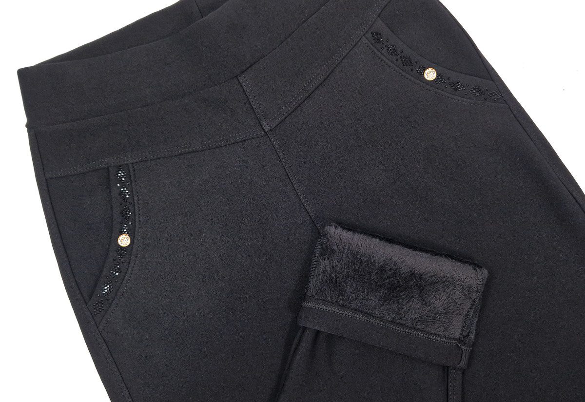 dy_mode Thermohose Damen Thermohose mit Innenfutter Schwarze Winterhose mit Glitzer in Unifarbe, Middel Waist, mit Innenfutter,it elastischem Bund