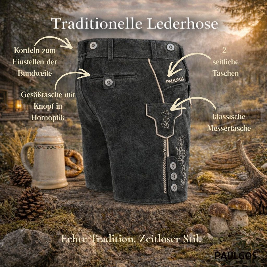 PAULGOS Trachtenhose Herren Lederhose Kurz mit Trägern 100% Echtleder - HK1