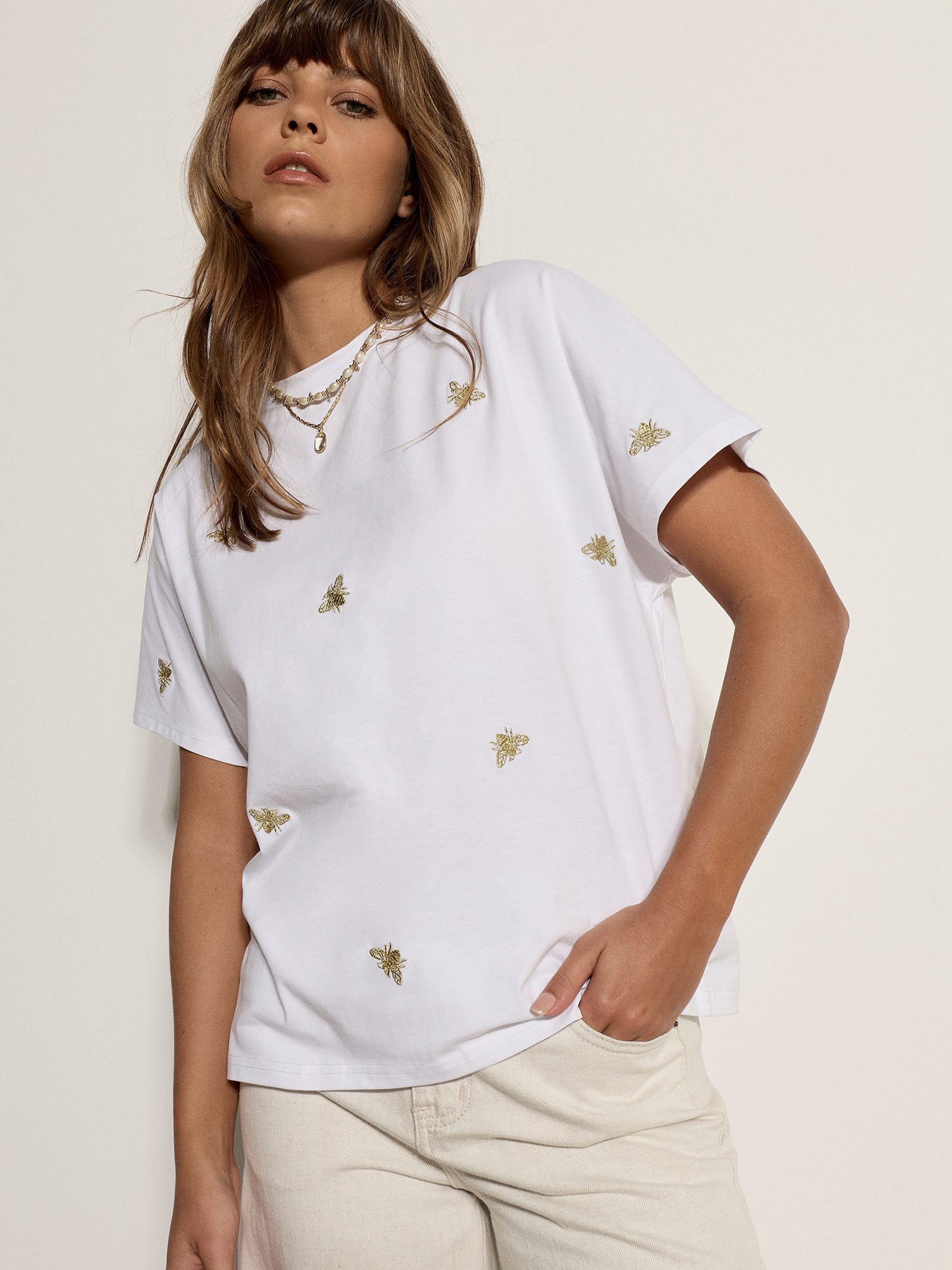 Apricot T-Shirt T-shirt (1-tlg) mit goldener Bienenstickerei